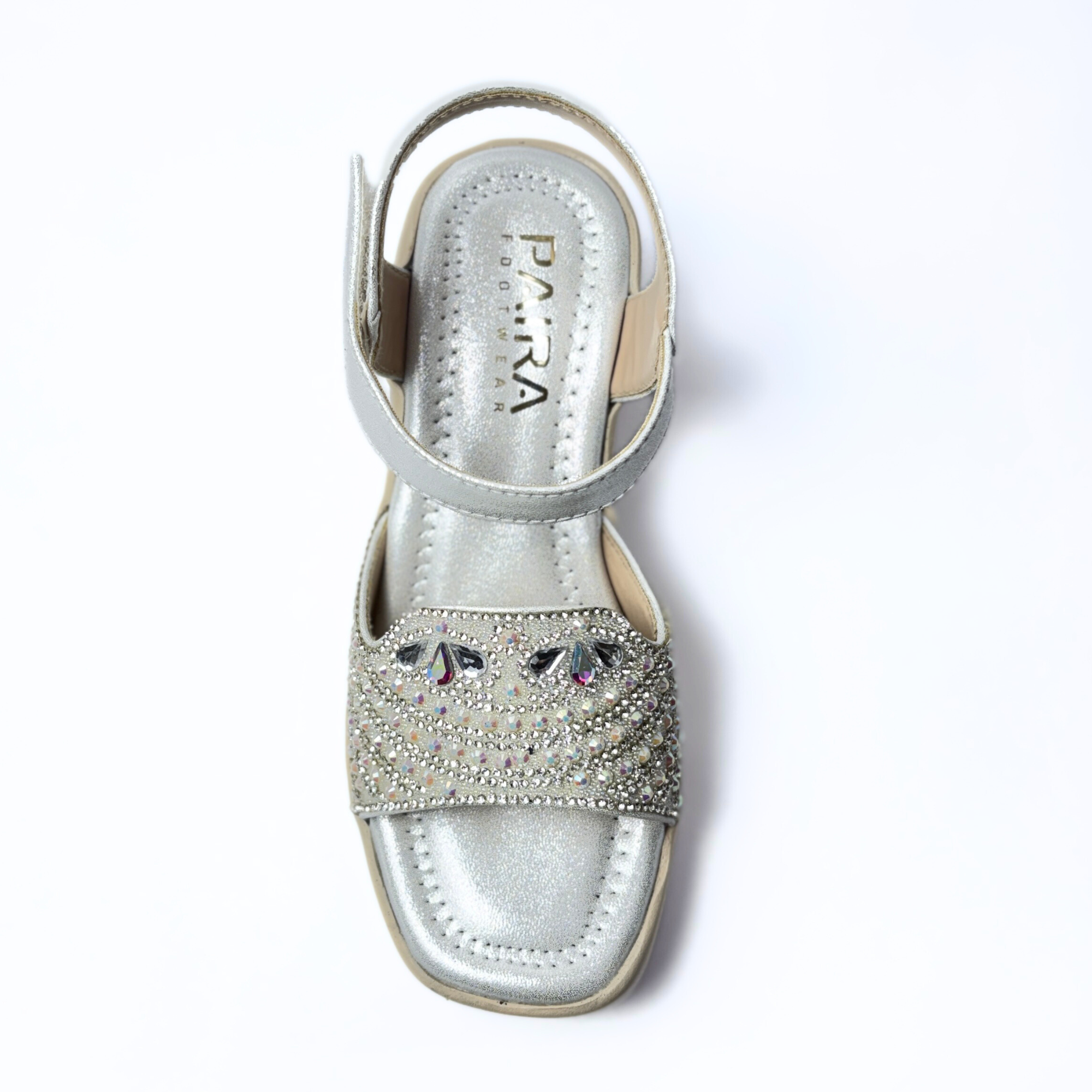 Girls Party Wear Sandals for Kids | Crystal Embellished Front Strap with Ankle Strap | Comfortable Wedge Heel | Secure & Stylish Fit | Silver Frost | Size 11 UK