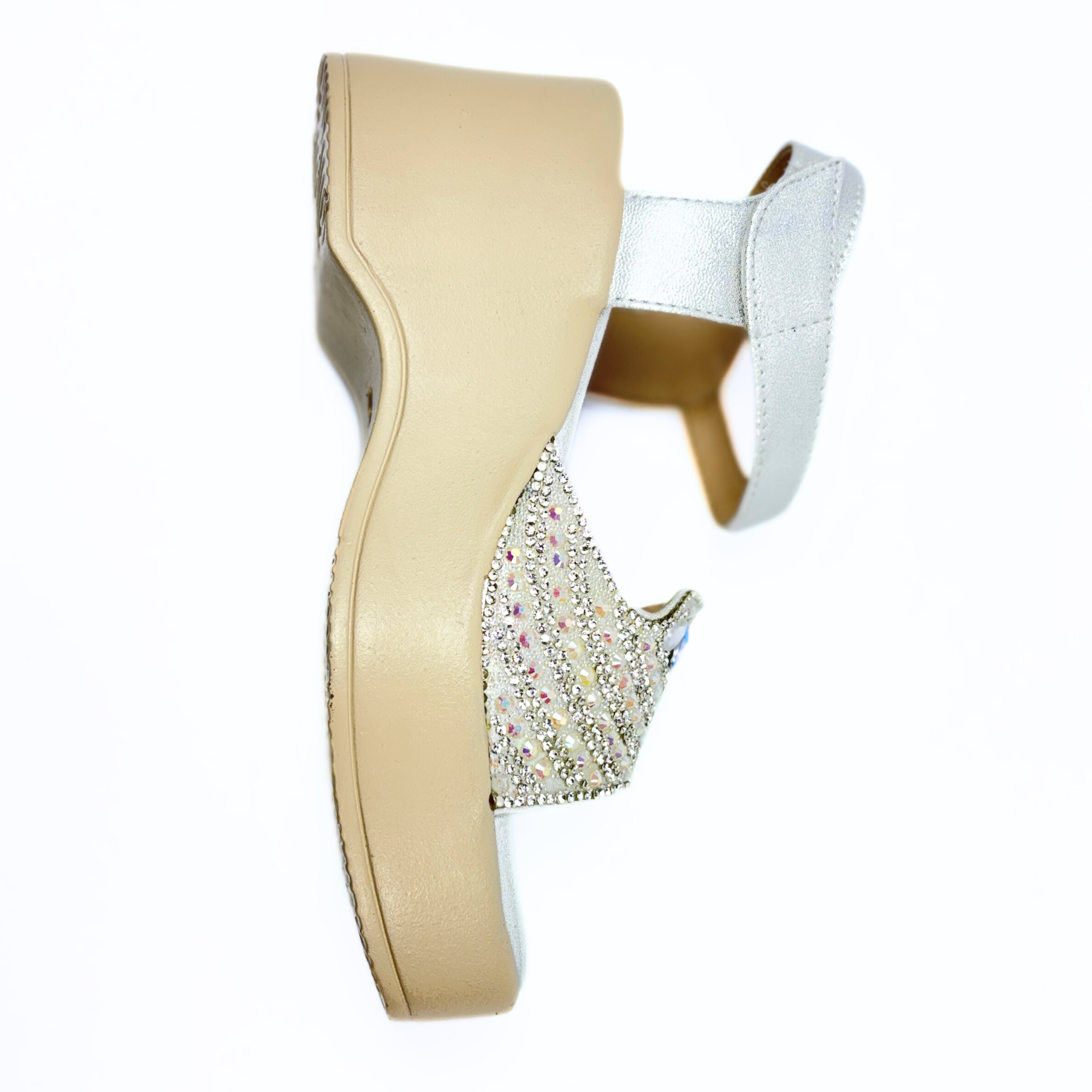 Girls Party Wear Sandals for Kids | Crystal Embellished Front Strap with Ankle Strap | Comfortable Wedge Heel | Secure & Stylish Fit | Silver Frost | Size 11 UK