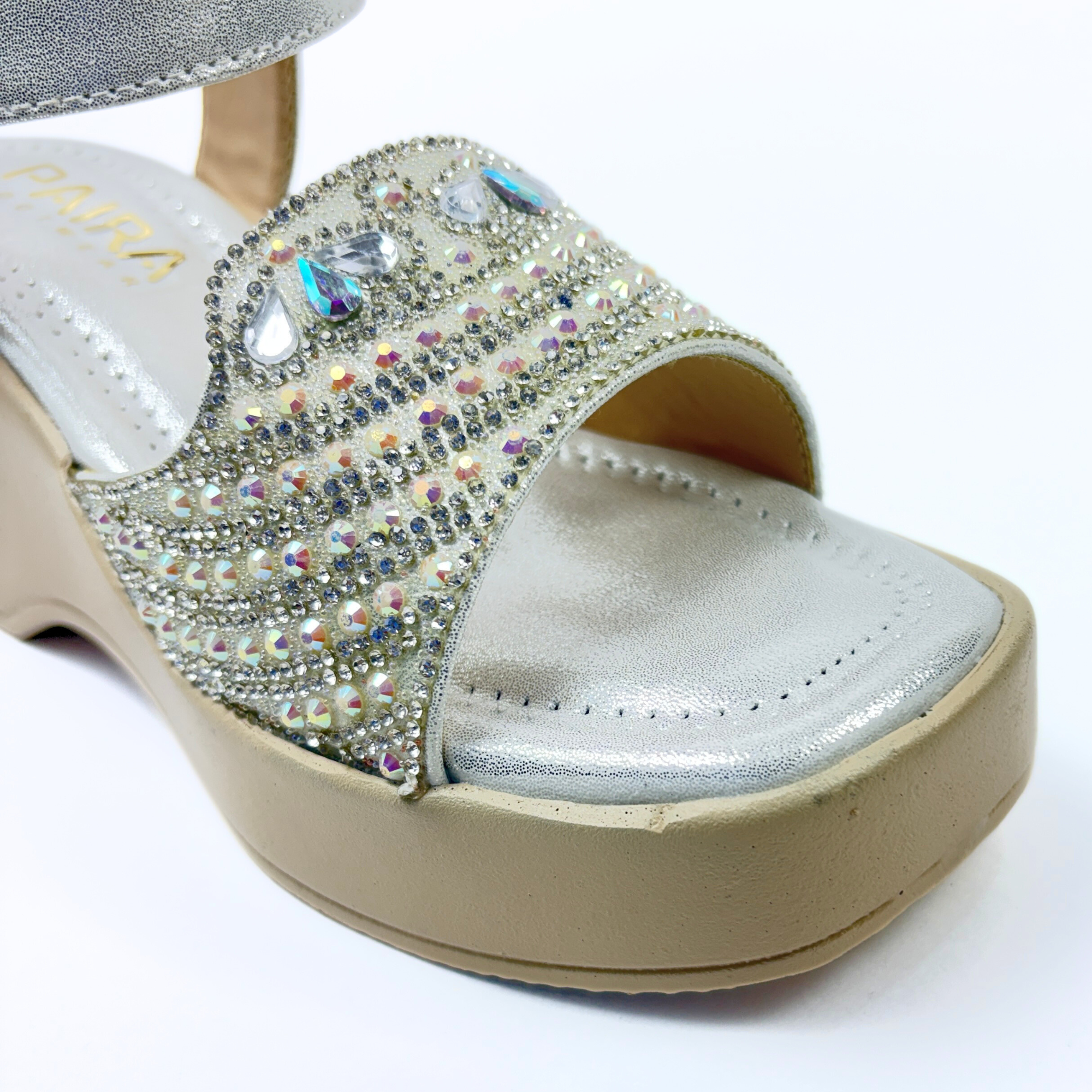 Girls Party Wear Sandals for Kids | Crystal Embellished Front Strap with Ankle Strap | Comfortable Wedge Heel | Secure & Stylish Fit | Silver Frost | Size 5 UK