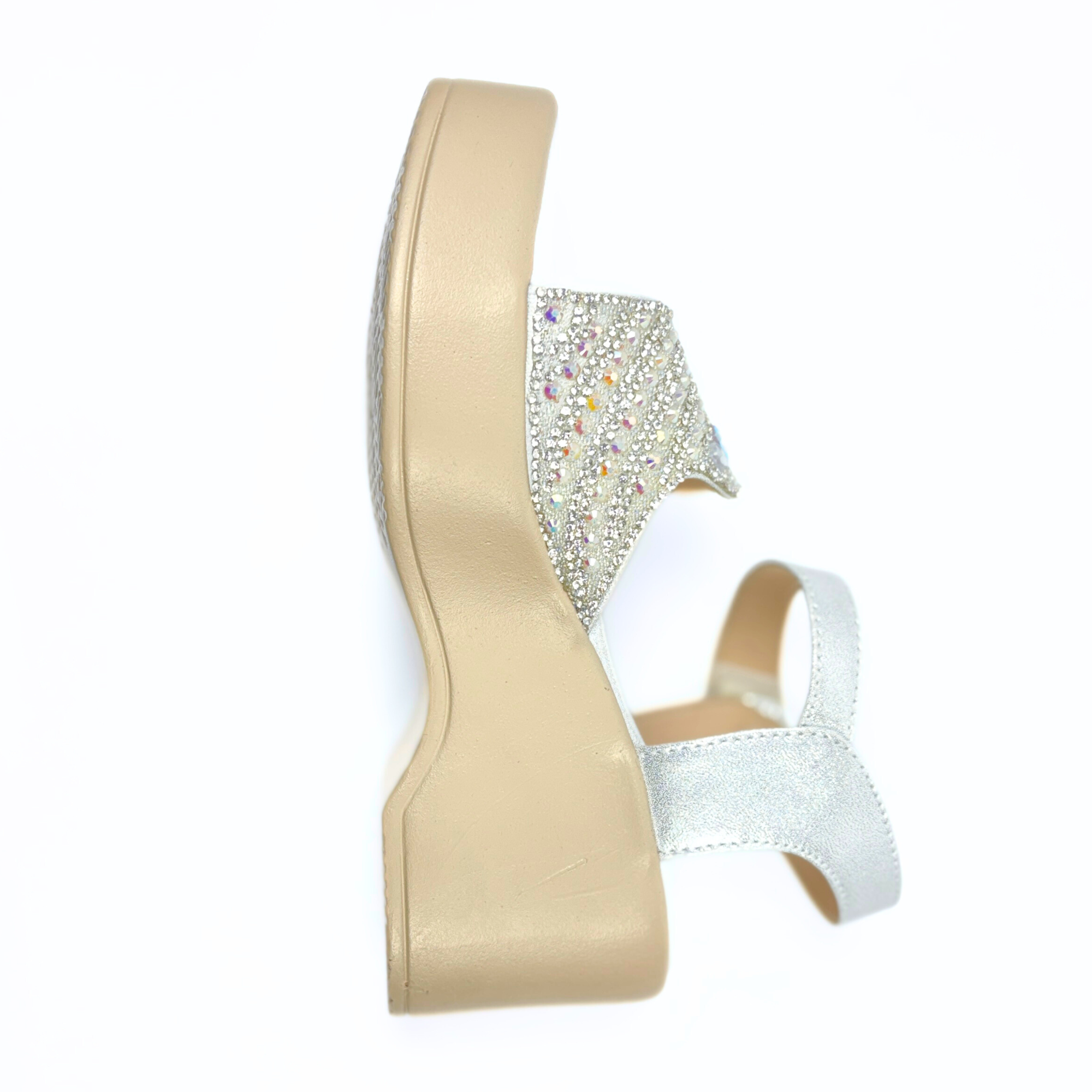 Girls Party Wear Sandals for Kids | Crystal Embellished Front Strap with Ankle Strap | Comfortable Wedge Heel | Secure & Stylish Fit | Silver Frost | Size 2 UK