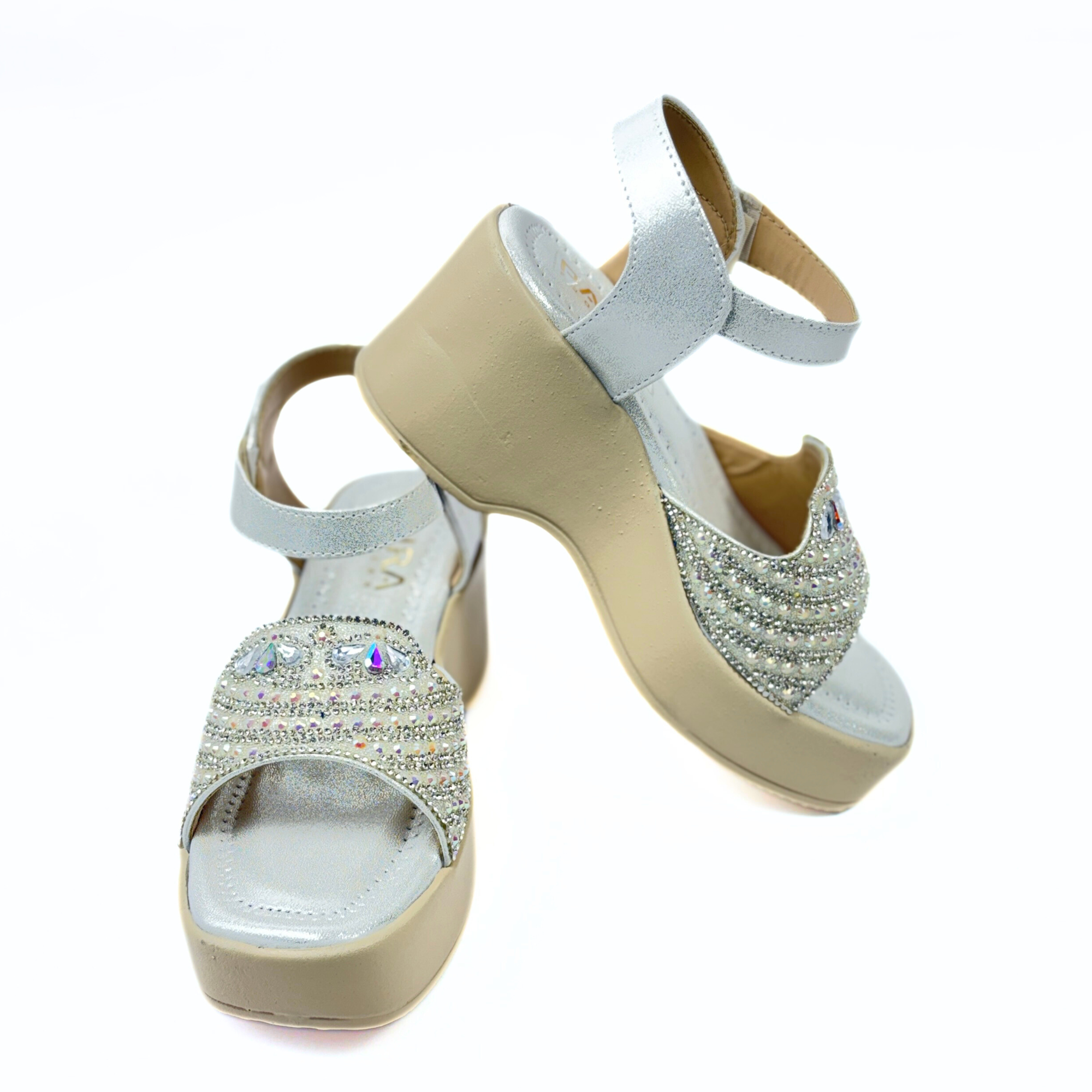 Girls Party Wear Sandals for Kids | Crystal Embellished Front Strap with Ankle Strap | Comfortable Wedge Heel | Secure & Stylish Fit | Silver Frost | Size 2 UK