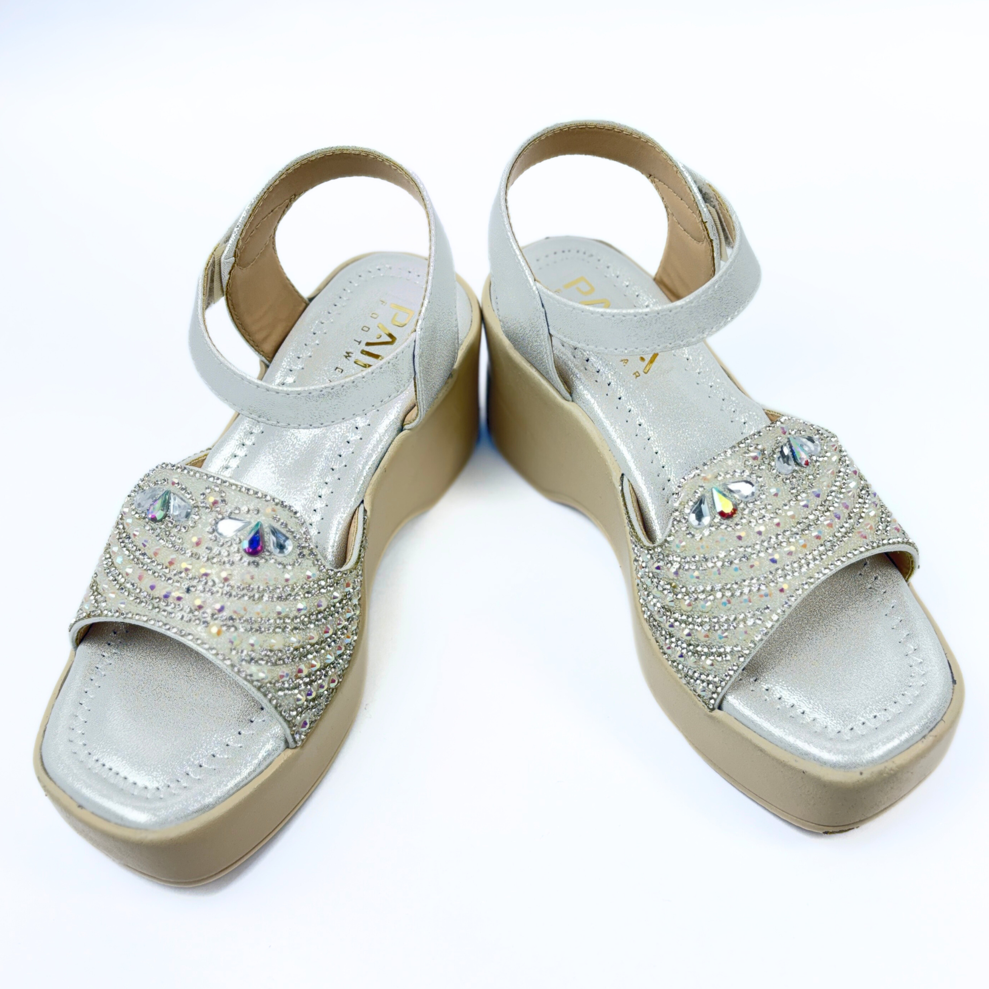 Girls Party Wear Sandals for Kids | Crystal Embellished Front Strap with Ankle Strap | Comfortable Wedge Heel | Secure & Stylish Fit | Silver Frost | Size 13 UK