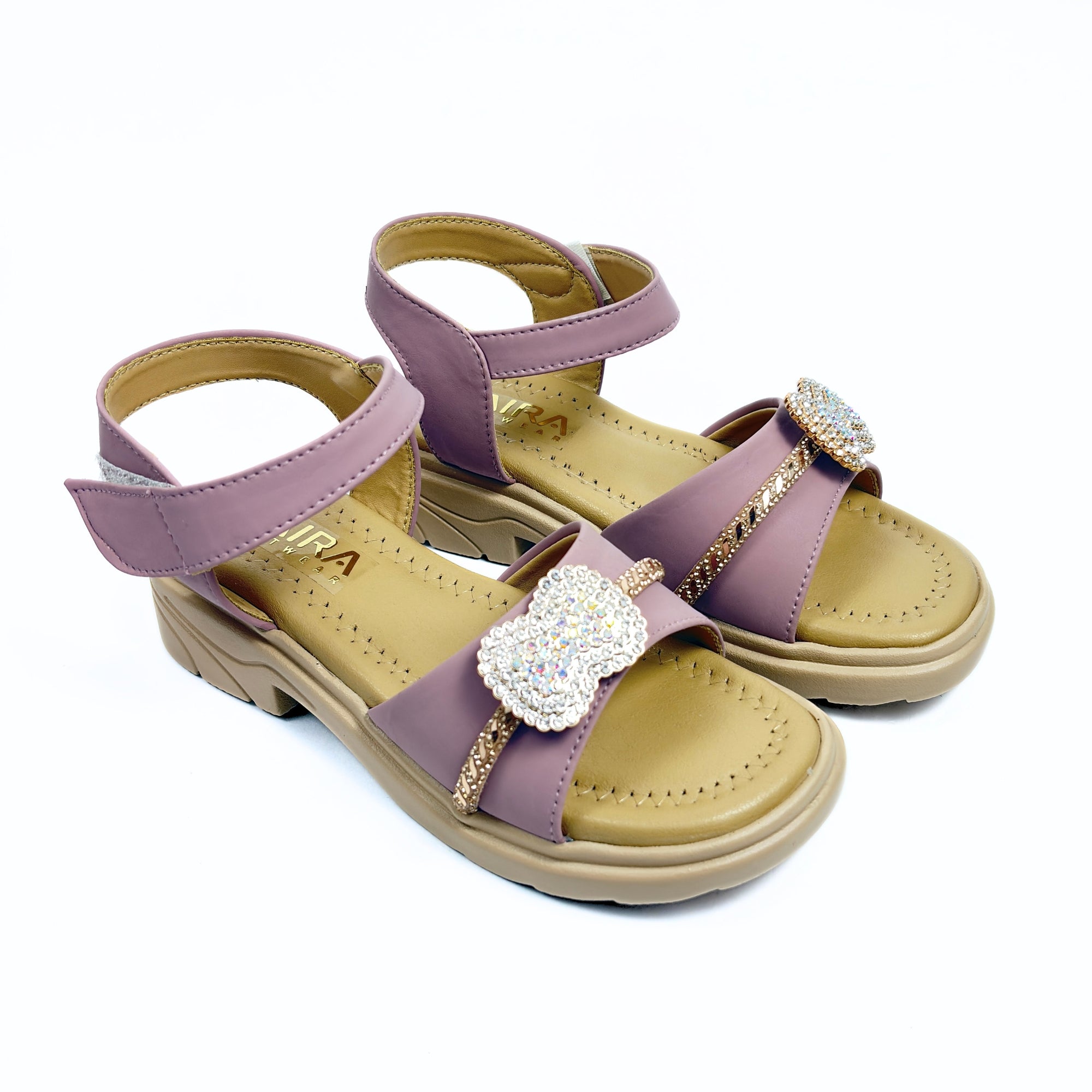 Girls Casual Party Wear Sandals for Kids | Crystal Embellished Center Strap with Ankle Strap | Comfortable Low Heel | Secure & Stylish Fit | Dusty Mauve | Size 1 UK