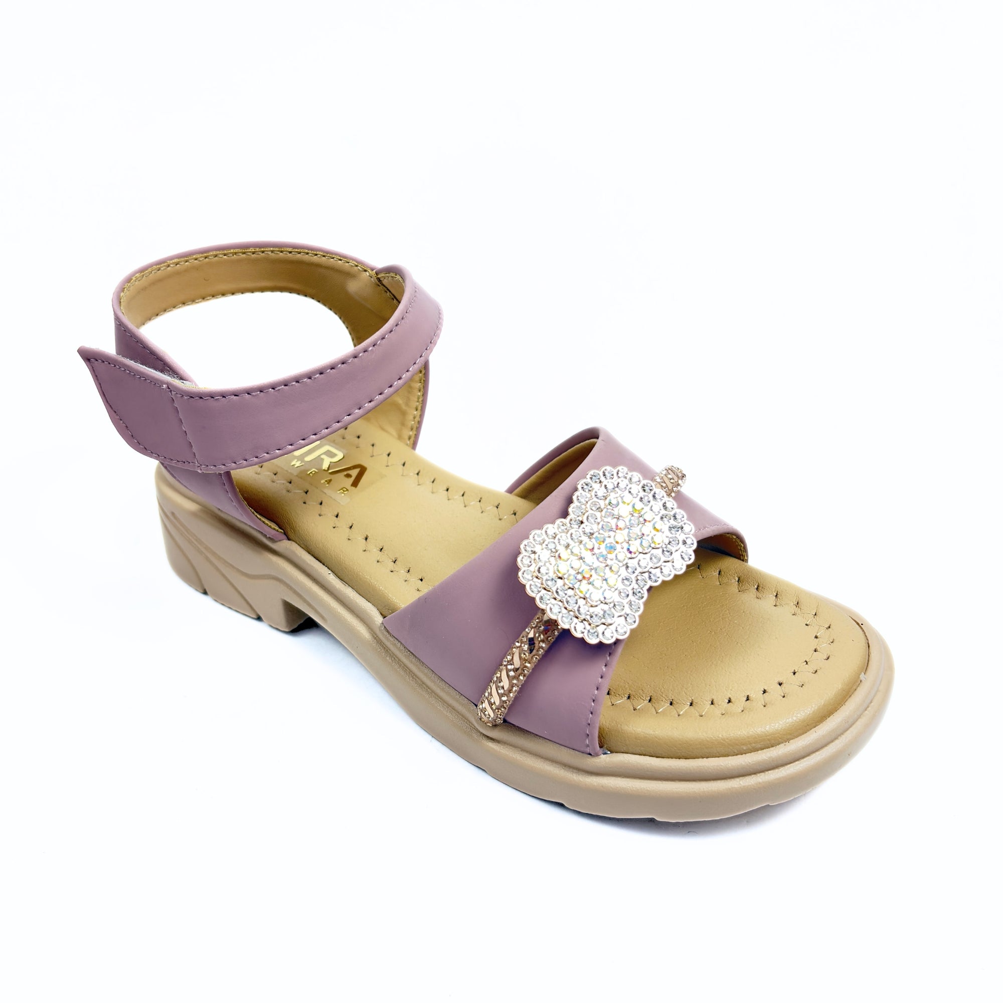 Girls Casual Party Wear Sandals for Kids | Crystal Embellished Center Strap with Ankle Strap | Comfortable Low Heel | Secure & Stylish Fit | Dusty Mauve | Size 2 UK