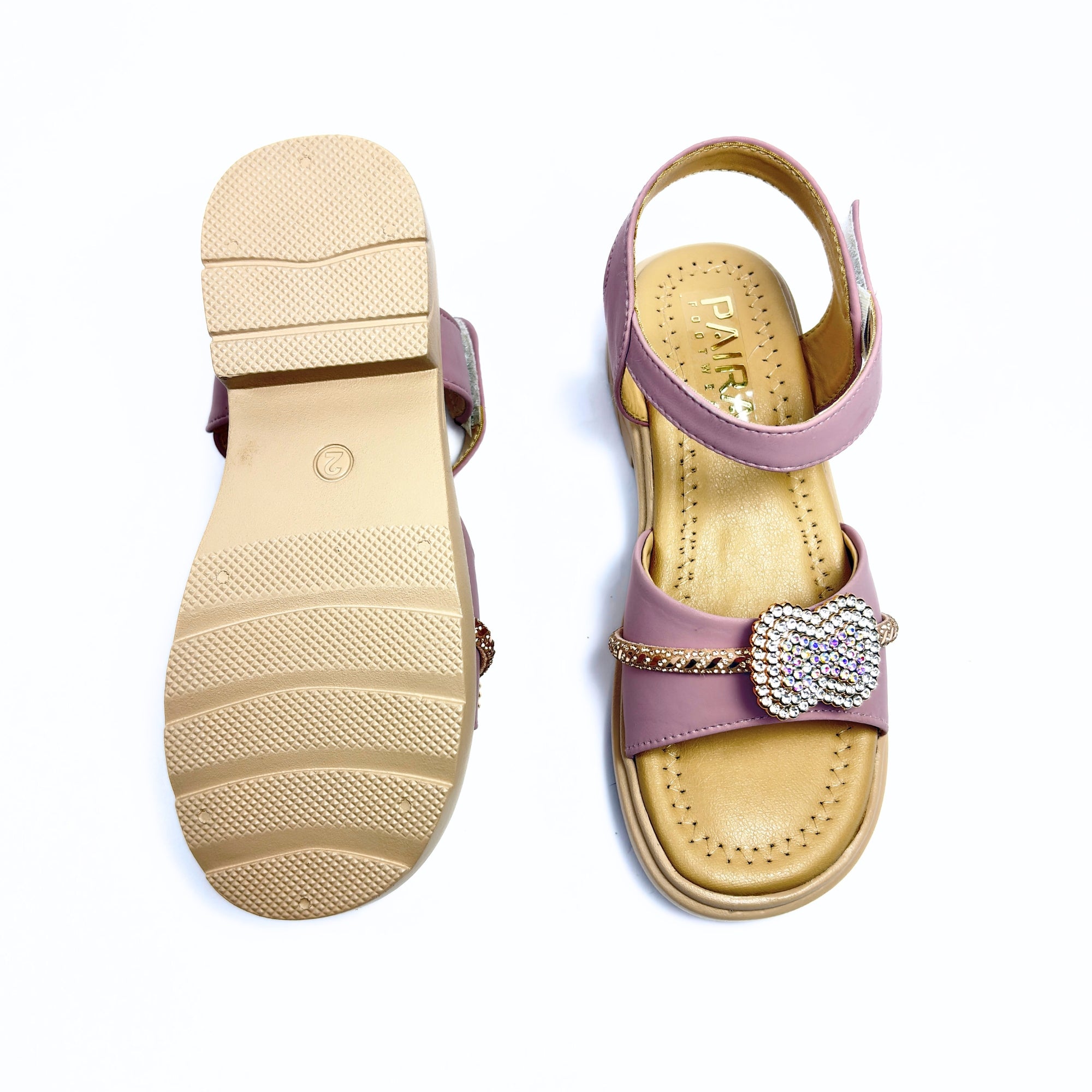 Girls Casual Party Wear Sandals for Kids | Crystal Embellished Center Strap with Ankle Strap | Comfortable Low Heel | Secure & Stylish Fit | Dusty Mauve | Size 3 UK