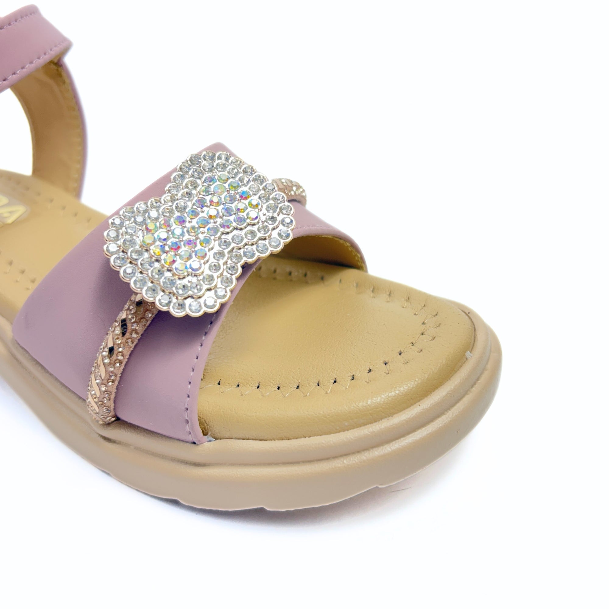 Girls Casual Party Wear Sandals for Kids | Crystal Embellished Center Strap with Ankle Strap | Comfortable Low Heel | Secure & Stylish Fit | Dusty Mauve | Size 3 UK