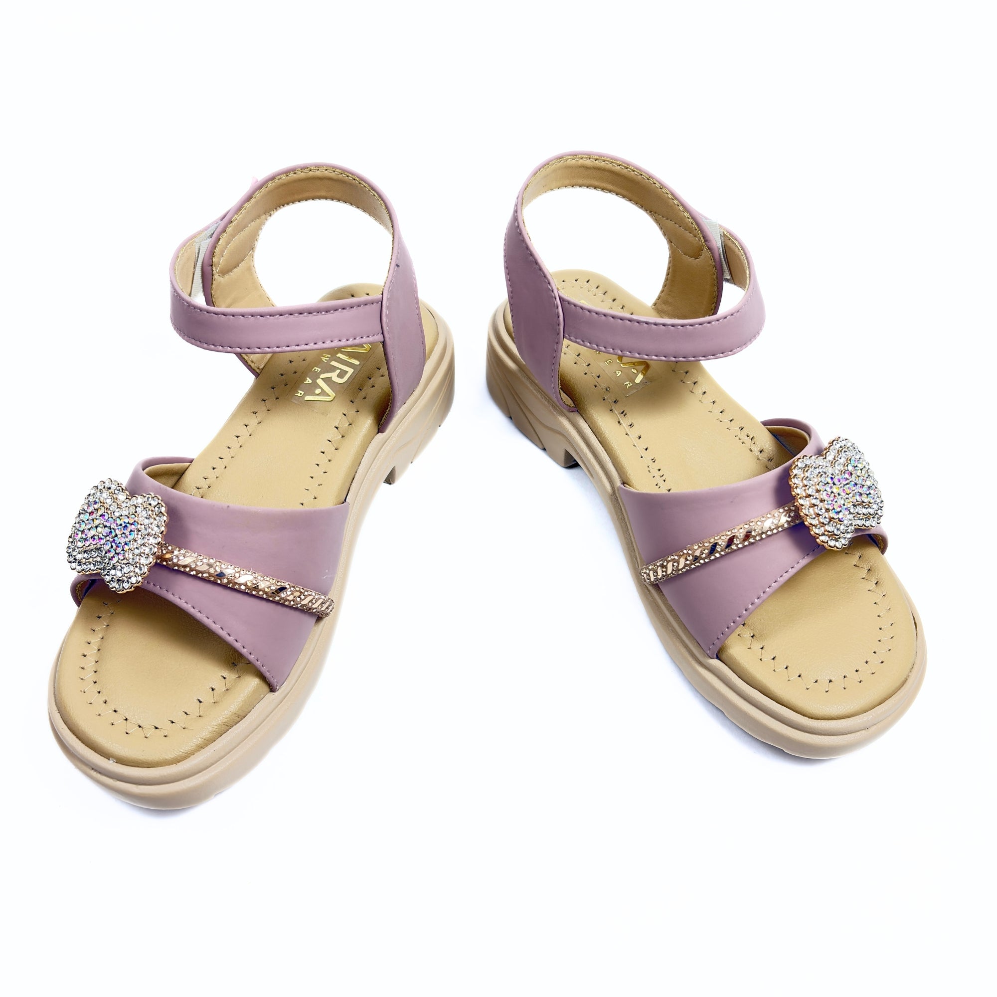Girls Casual Party Wear Sandals for Kids | Crystal Embellished Center Strap with Ankle Strap | Comfortable Low Heel | Secure & Stylish Fit | Dusty Mauve | Size 2 UK