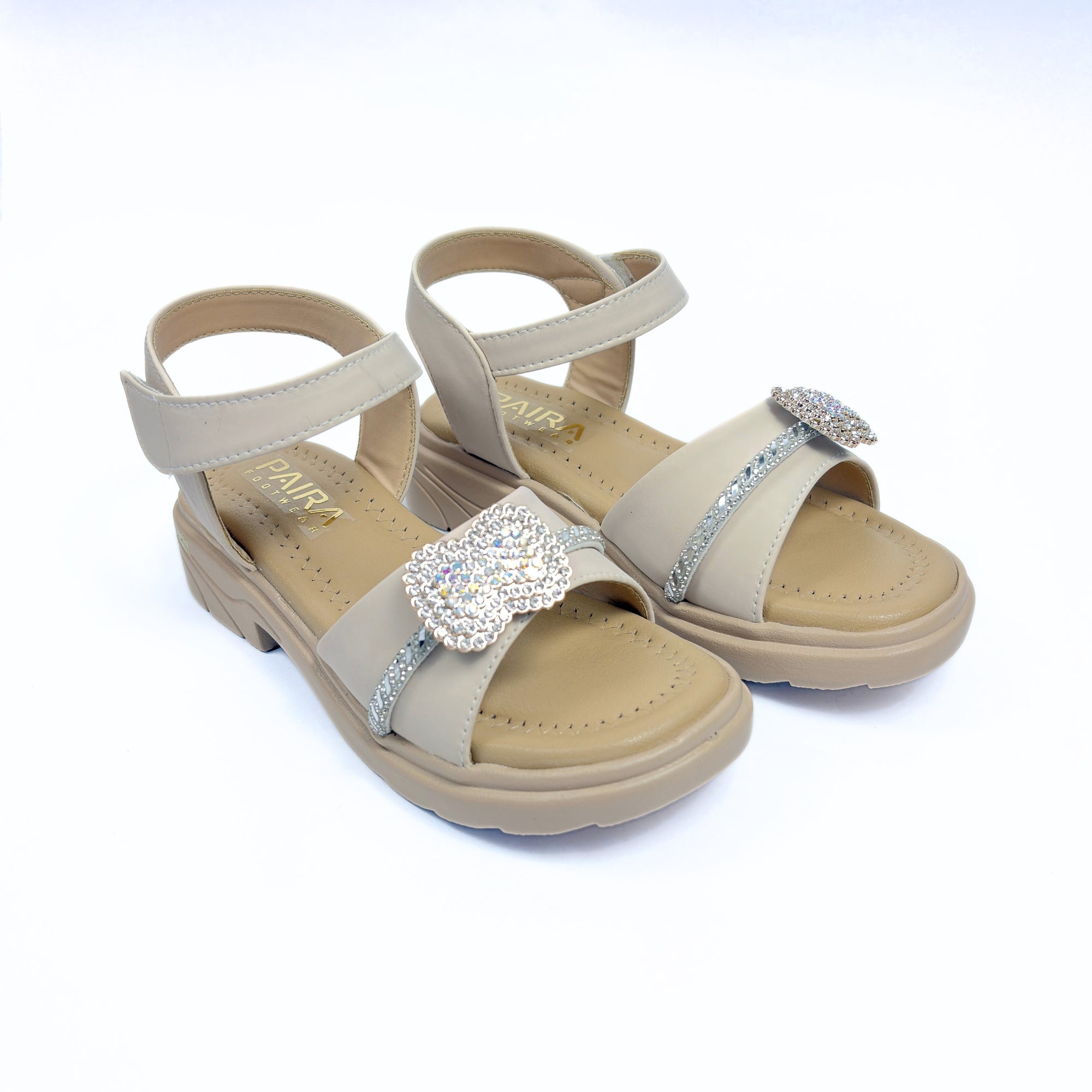 Girls Casual Party Wear Sandals for Kids | Crystal Embellished Center Strap with Ankle Strap | Comfortable Low Heel | Secure & Elegant Fit | Soft Beige | Size 4 UK
