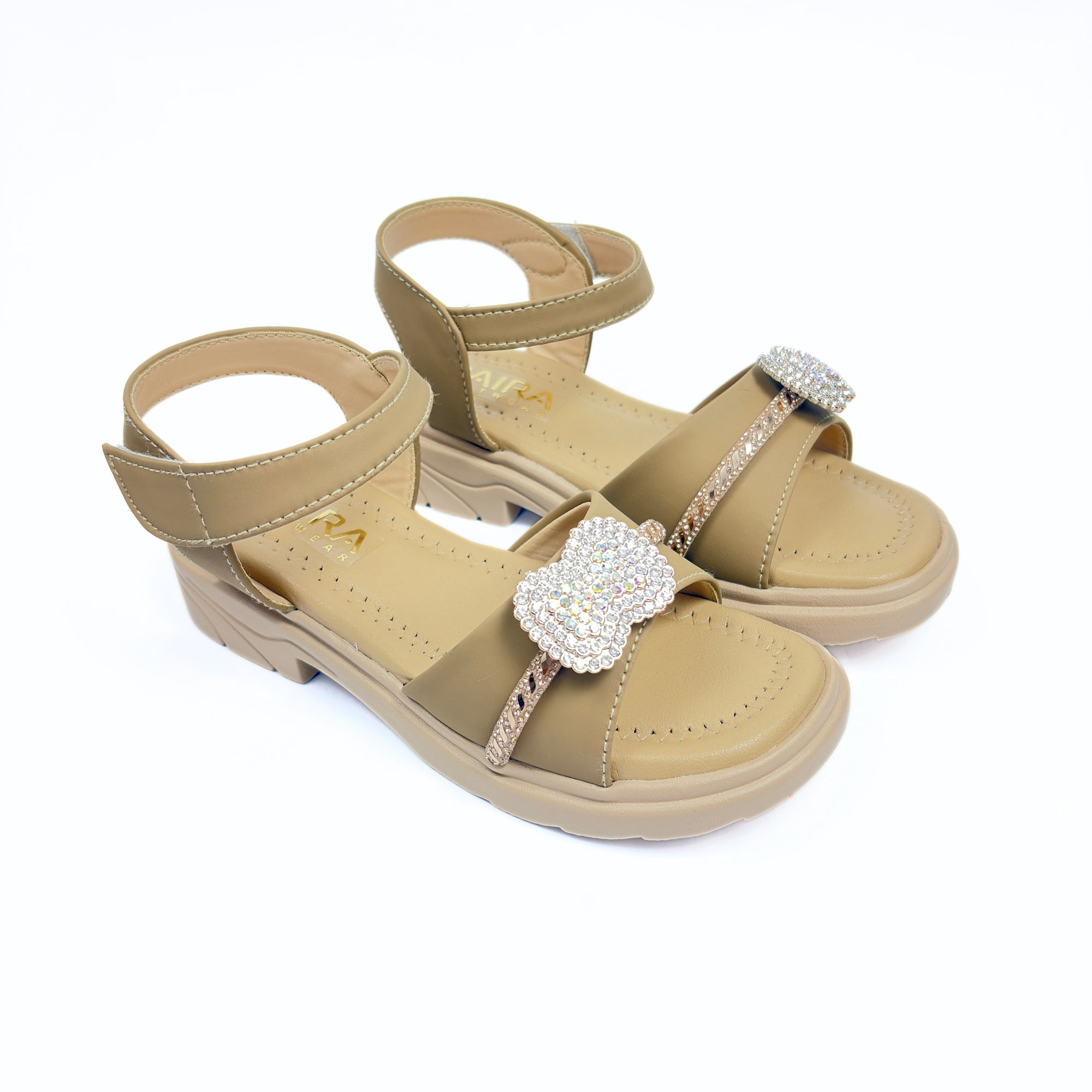 Girls Casual Party Wear Sandals for Kids | Crystal Embellished Center Strap with Ankle Strap | Comfortable Low Heel | Secure & Stylish Fit | Warm Taupe | Size 13 UK