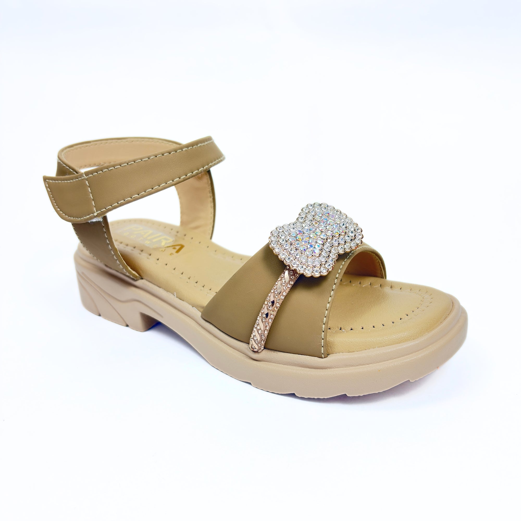 Girls Casual Party Wear Sandals for Kids | Crystal Embellished Center Strap with Ankle Strap | Comfortable Low Heel | Secure & Stylish Fit | Warm Taupe | Size 3 UK