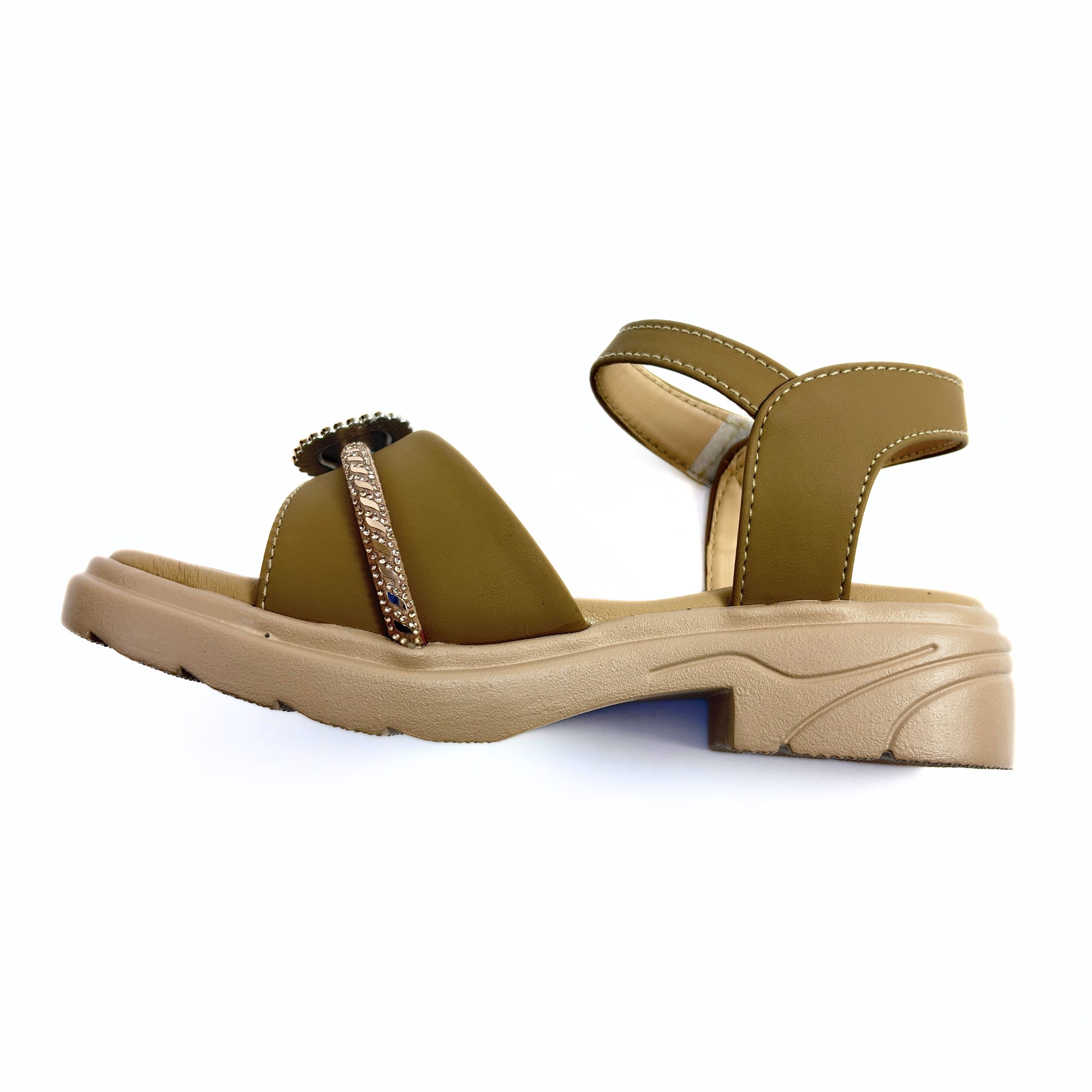 Girls Casual Party Wear Sandals for Kids | Crystal Embellished Center Strap with Ankle Strap | Comfortable Low Heel | Secure & Stylish Fit | Warm Taupe | Size 13 UK