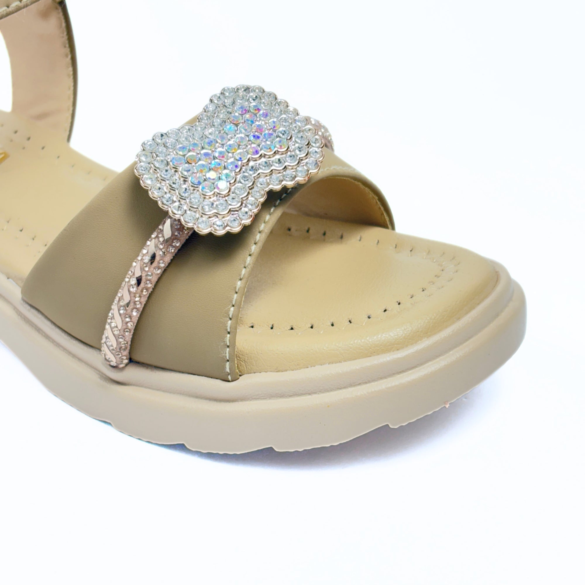 Girls Casual Party Wear Sandals for Kids | Crystal Embellished Center Strap with Ankle Strap | Comfortable Low Heel | Secure & Stylish Fit | Warm Taupe | Size 1 UK