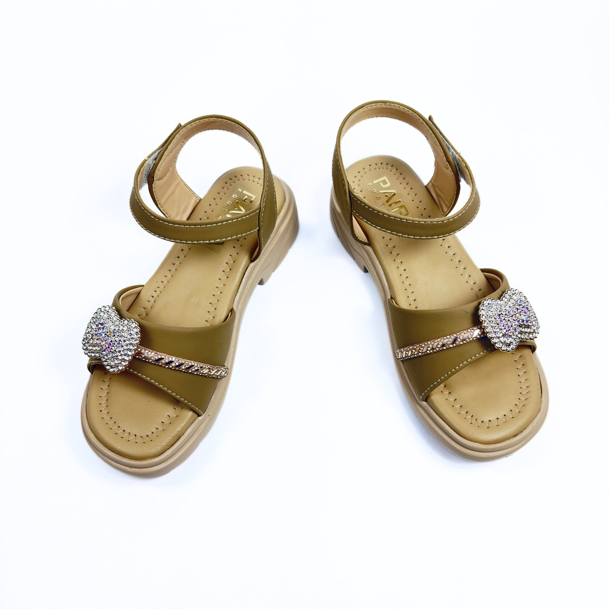 Girls Casual Party Wear Sandals for Kids | Crystal Embellished Center Strap with Ankle Strap | Comfortable Low Heel | Secure & Stylish Fit | Warm Taupe | Size 12 UK