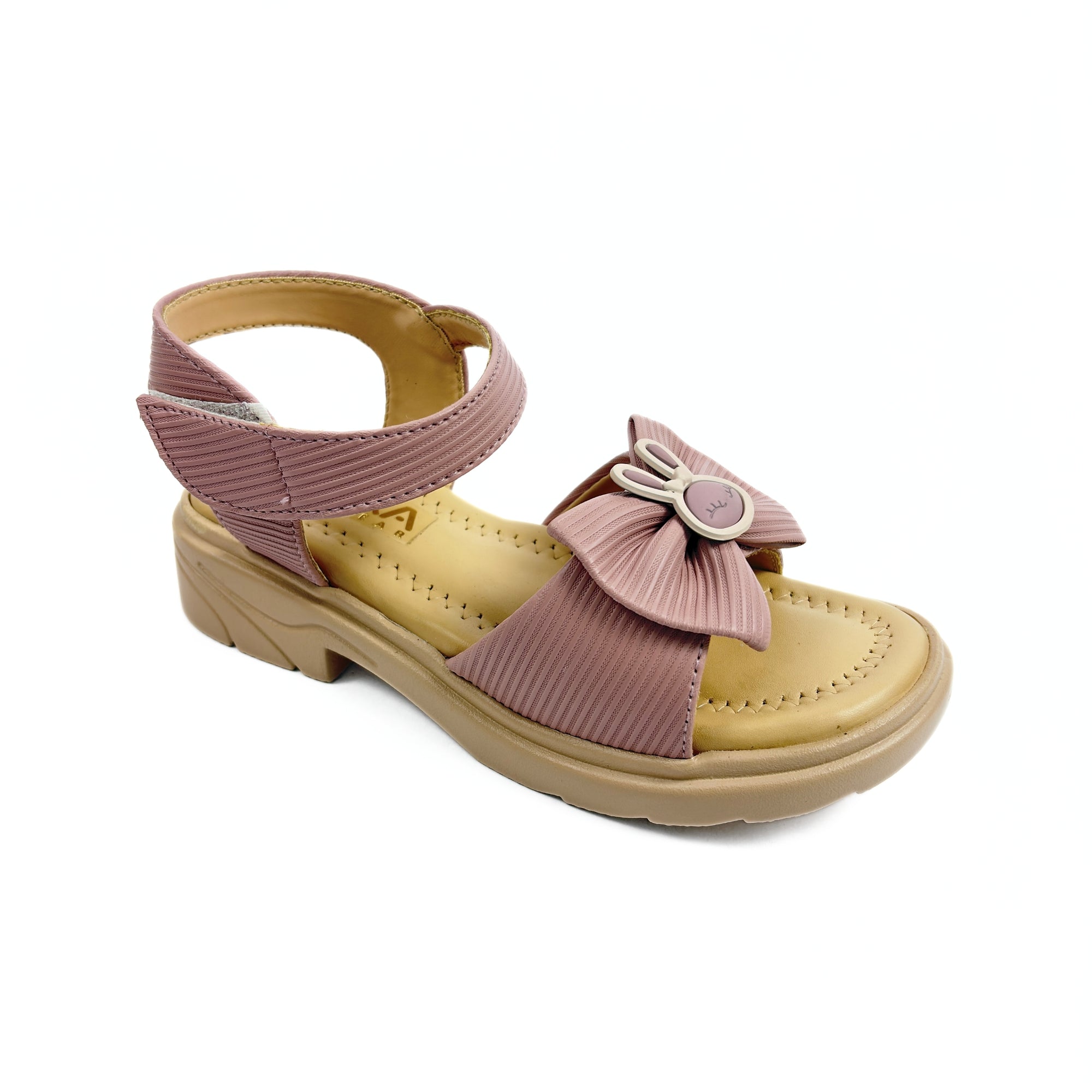 Girls Casual Party Wear Sandals for Kids | Textured Bow Front Strap with Ankle Strap | Comfortable Low Heel | Secure & Cute Fit | Blush Mauve | Size 2 UK