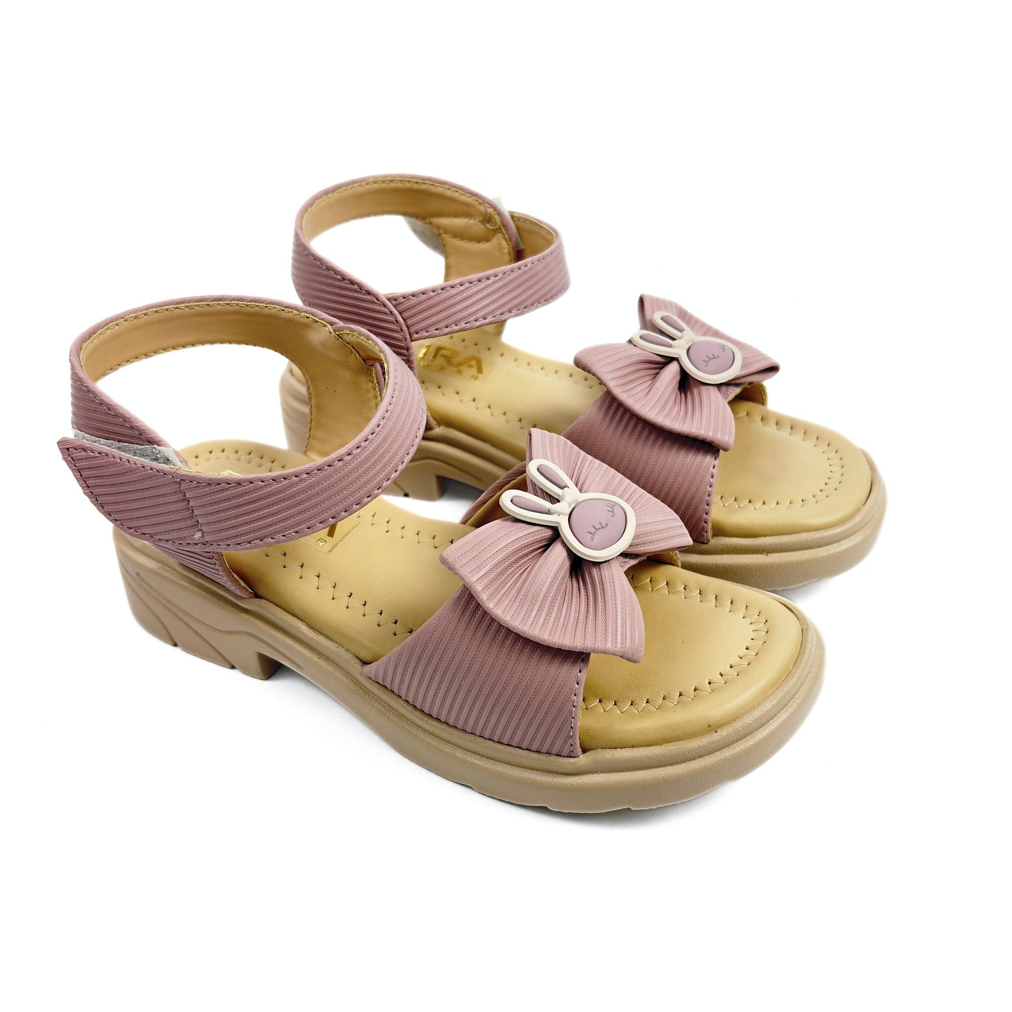 Girls Casual Party Wear Sandals for Kids | Textured Bow Front Strap with Ankle Strap | Comfortable Low Heel | Secure & Cute Fit | Blush Mauve | Size 5 UK