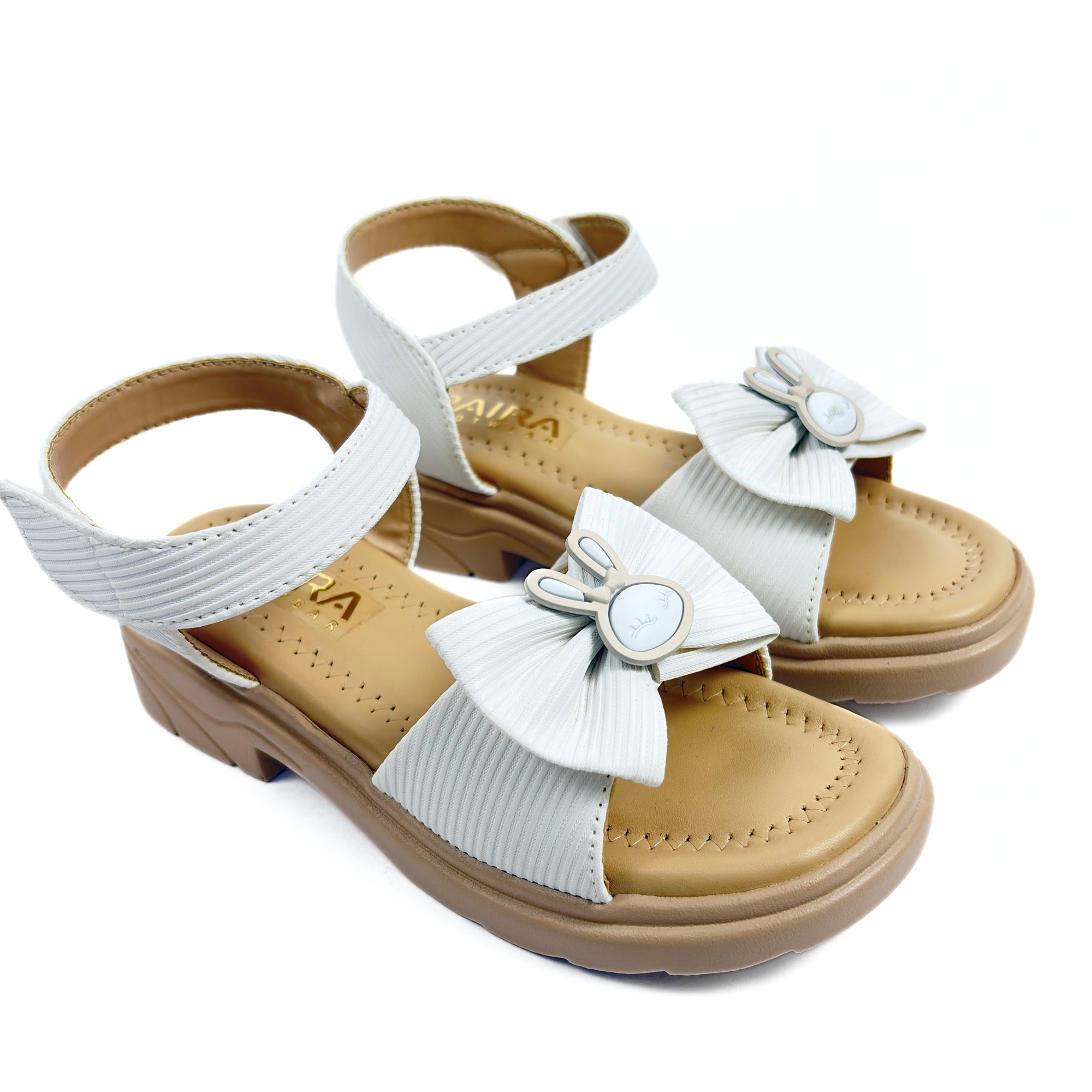 Girls Casual Party Wear Sandals for Kids | Textured Bow Front Strap with Ankle Strap | Comfortable Low Heel | Secure & Cute Fit | Ivory White | Size 4 UK
