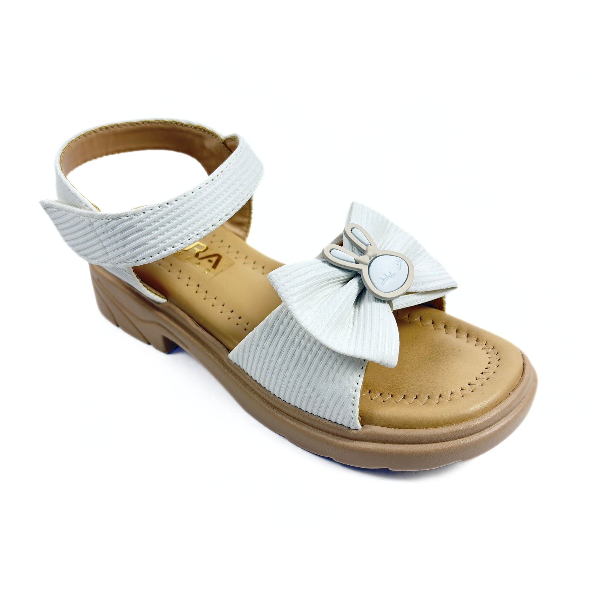 Girls Casual Party Wear Sandals for Kids | Textured Bow Front Strap with Ankle Strap | Comfortable Low Heel | Secure & Cute Fit | Ivory White | Size 1 UK