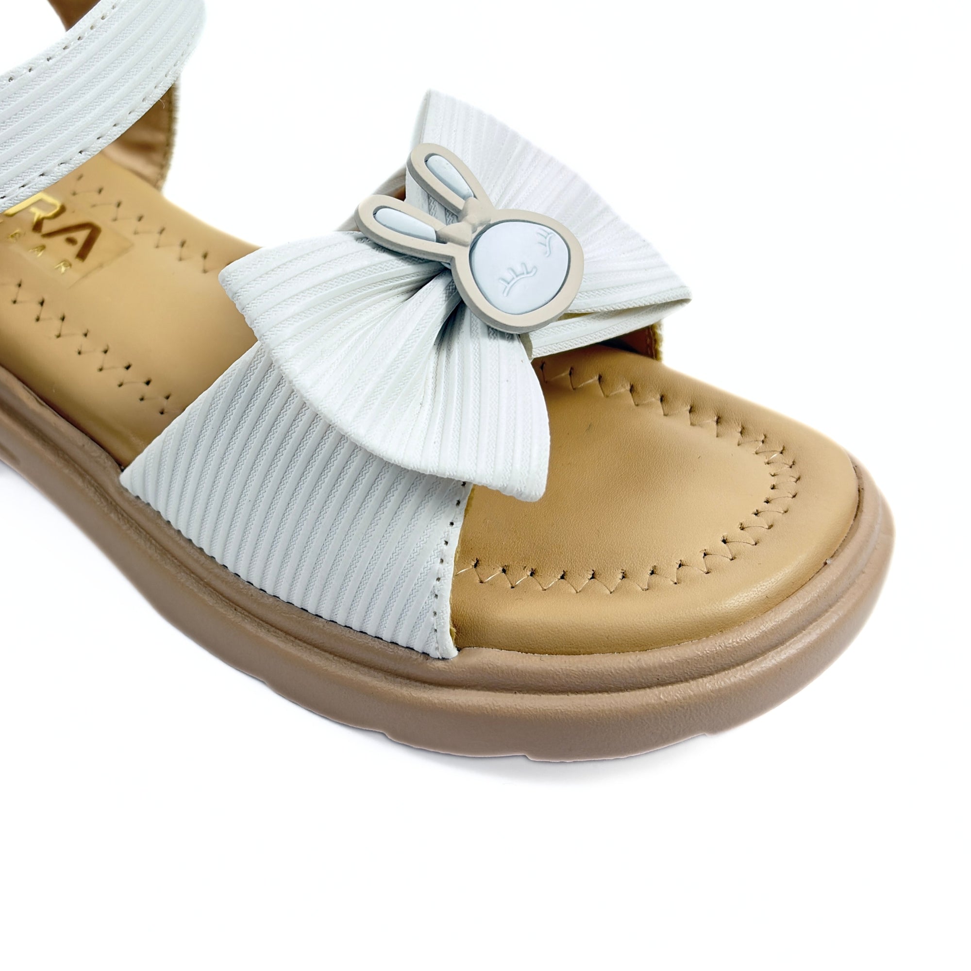 Girls Casual Party Wear Sandals for Kids | Textured Bow Front Strap with Ankle Strap | Comfortable Low Heel | Secure & Cute Fit | Ivory White | Size 11 UK