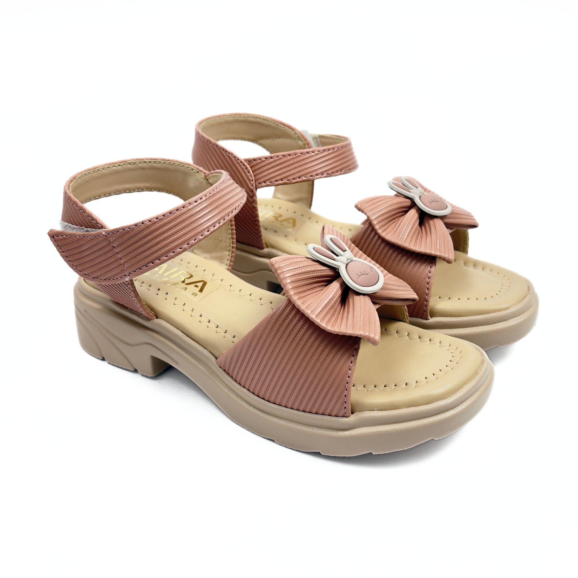 Girls Casual Party Wear Sandals for Kids | Textured Bow Front Strap with Ankle Strap | Comfortable Low Heel | Secure & Cute Fit | Soft Peach Pink | Size 3 UK