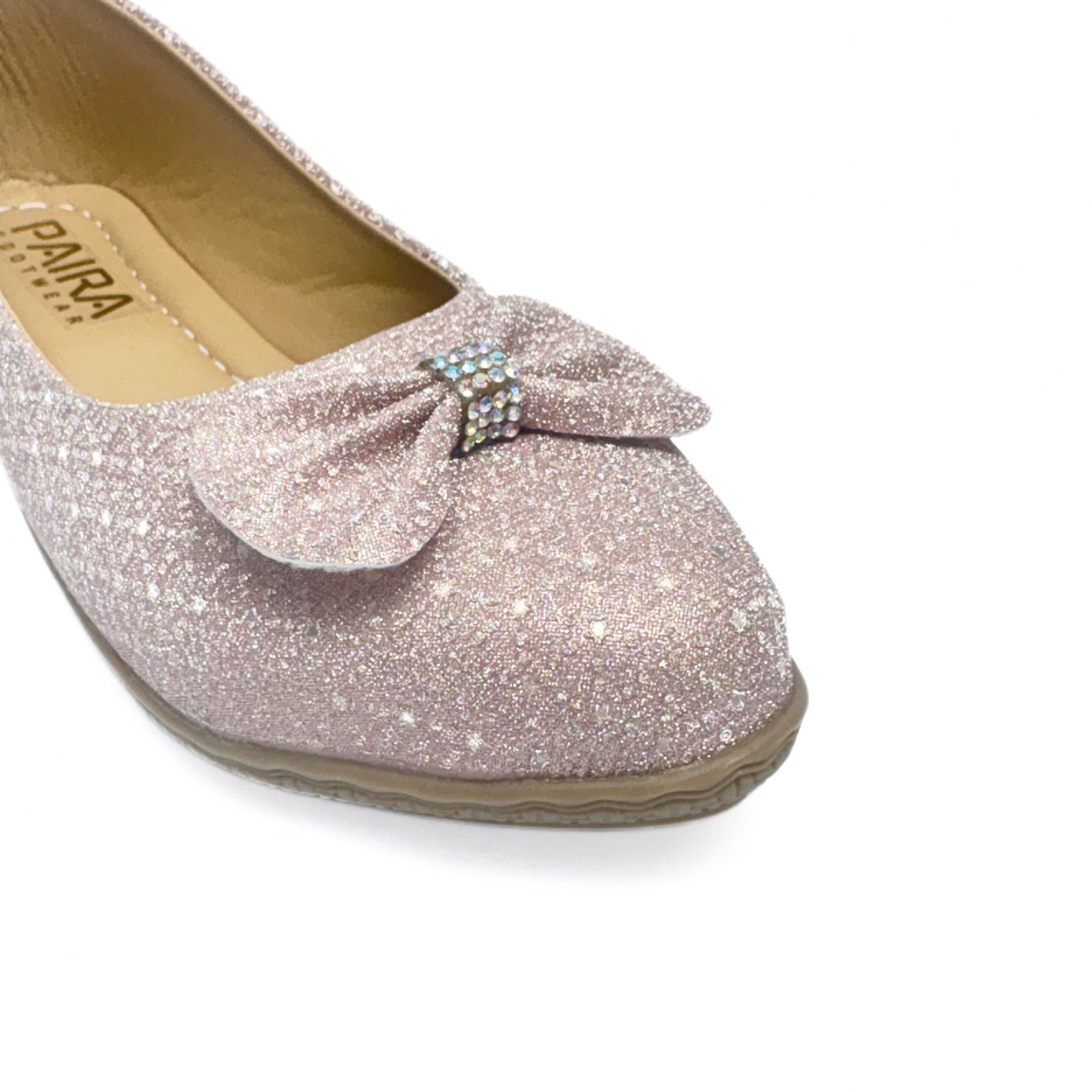 Girls Party Wear Bellies for Kids | Glitter Finish with Bow Detail | Comfortable Flat Sole | Easy Slip-On Fit | Blush Pink Glitter | Size 13 UK