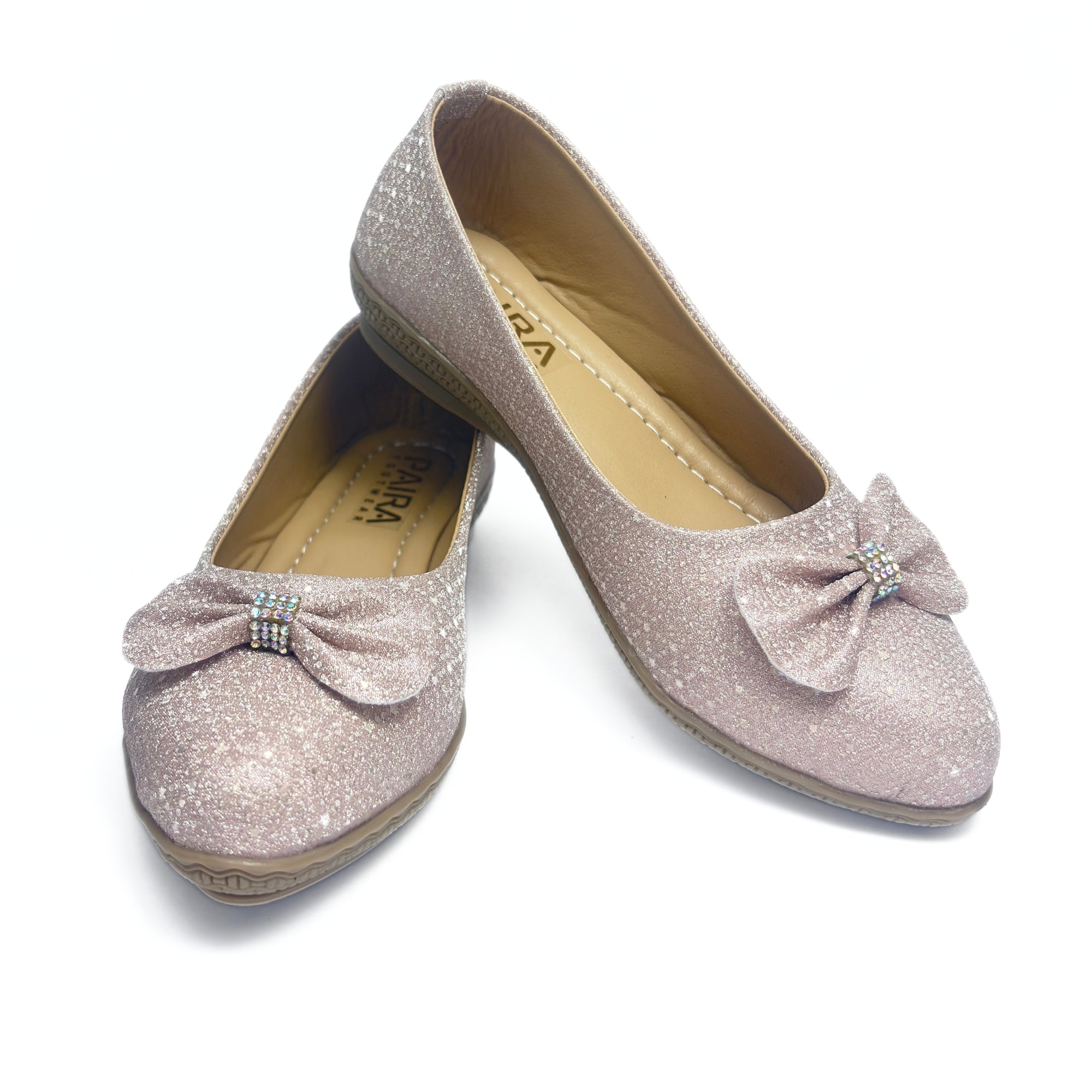 Girls Party Wear Bellies for Kids | Glitter Finish with Bow Detail | Comfortable Flat Sole | Easy Slip-On Fit | Blush Pink Glitter | Size 12 UK
