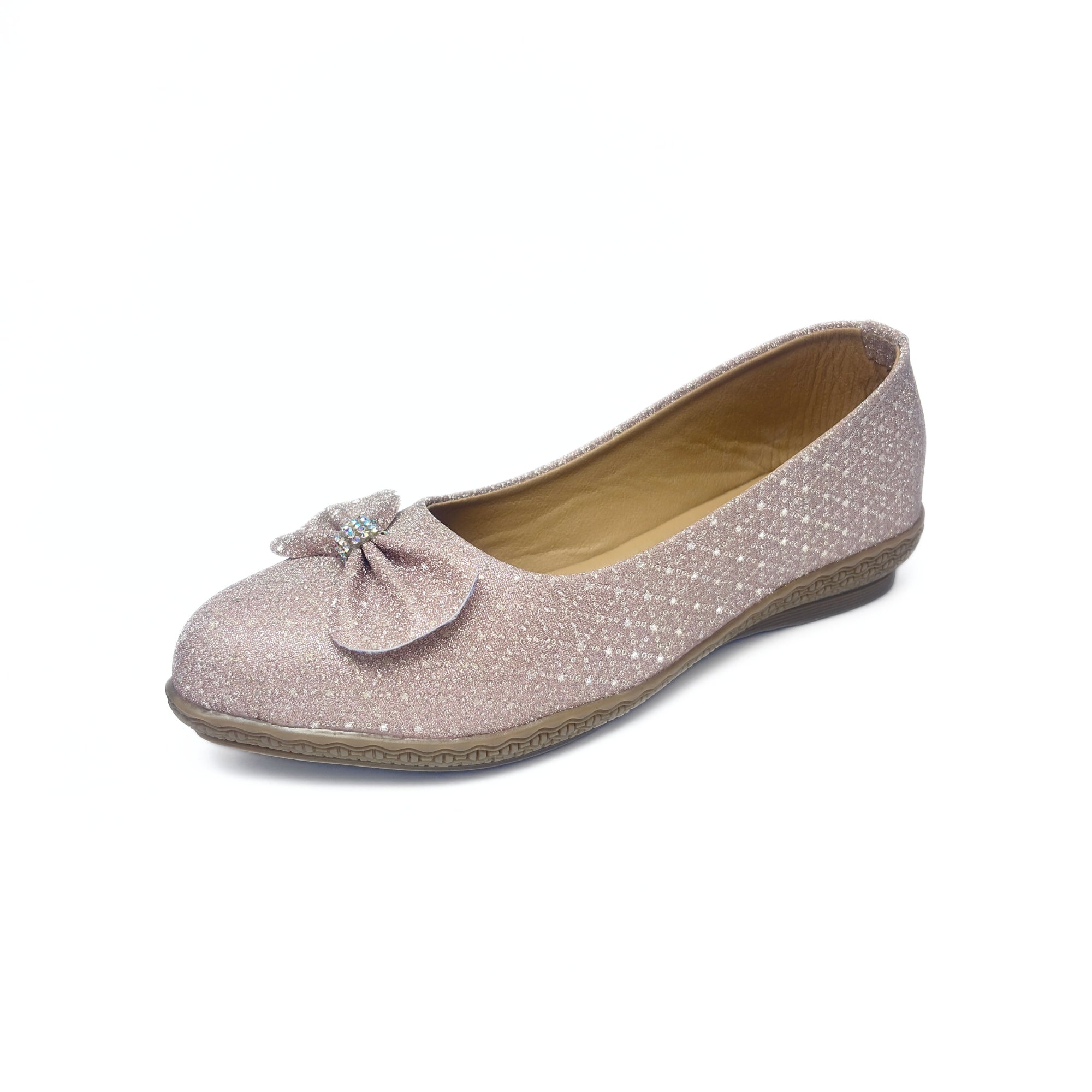 Girls Party Wear Bellies for Kids | Glitter Finish with Bow Detail | Comfortable Flat Sole | Easy Slip-On Fit | Blush Pink Glitter | Size 11 UK