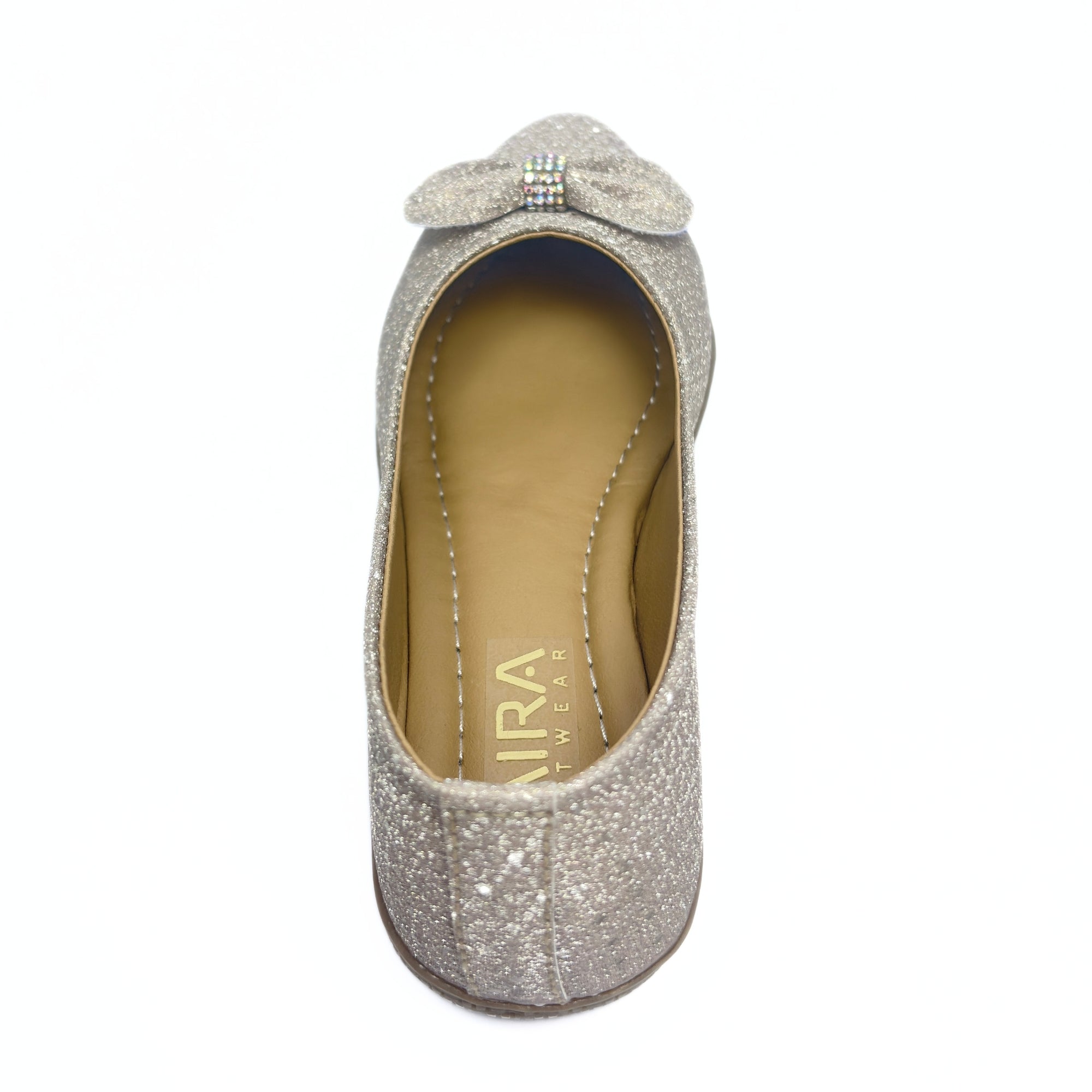 Girls Party Wear Bellies for Kids | Glitter Finish with Bow Detail | Comfortable Flat Sole | Easy Slip-On Fit | Champagne Silver | Size 1 UK