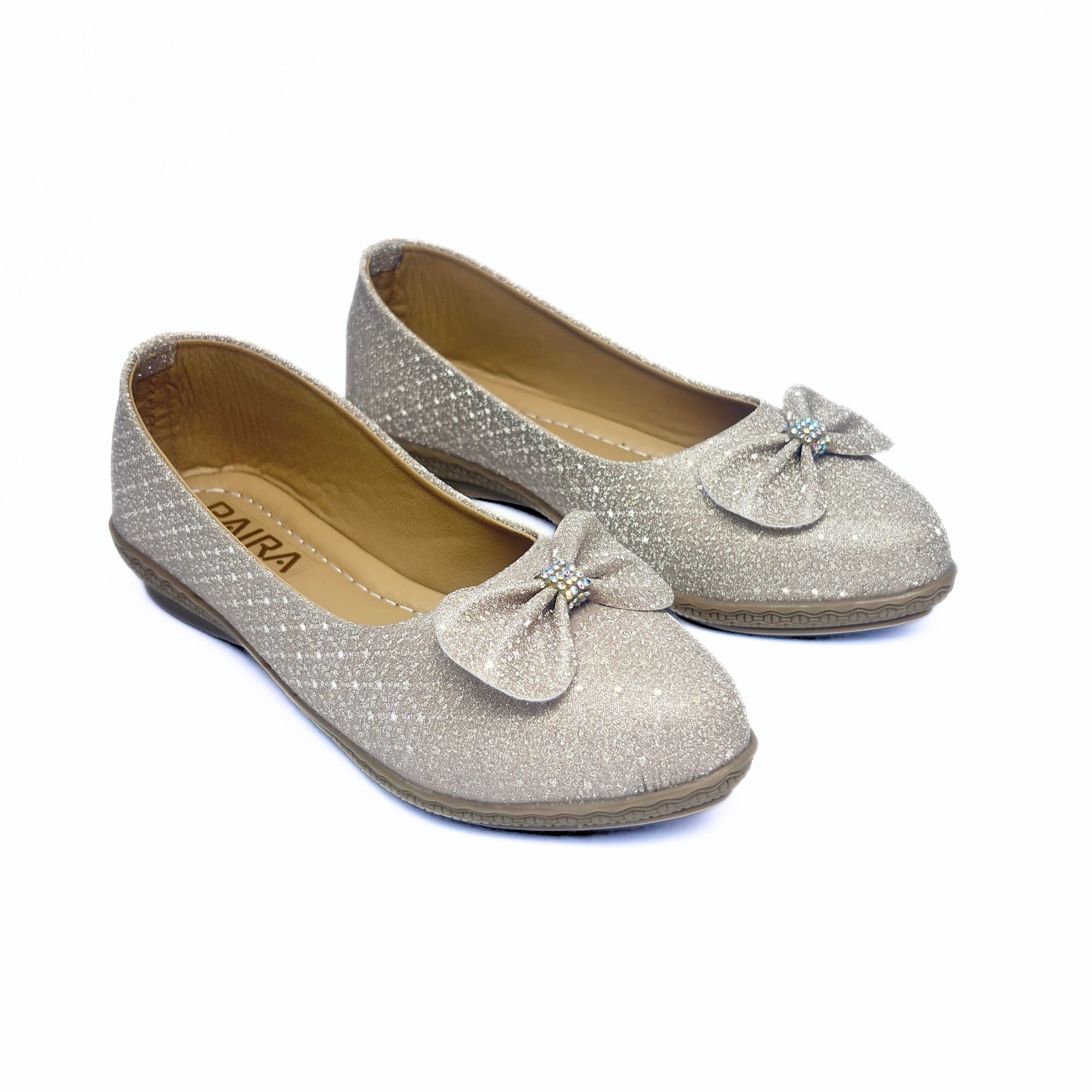 Girls Party Wear Bellies for Kids | Glitter Finish with Bow Detail | Comfortable Flat Sole | Easy Slip-On Fit | Champagne Silver | Size 4 UK