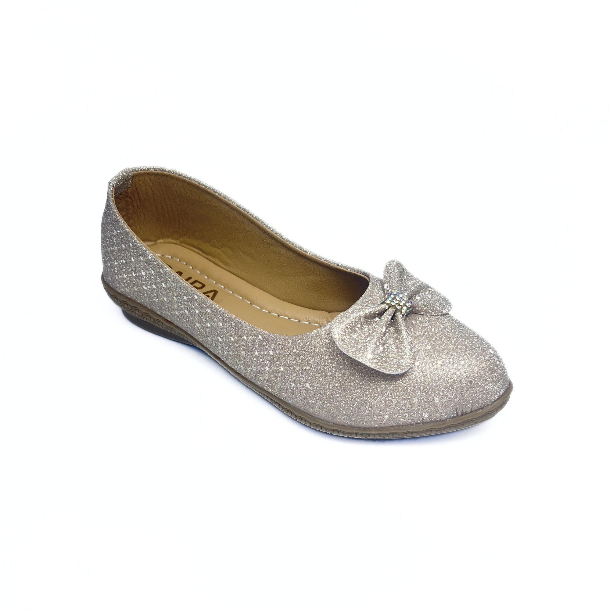 Girls Party Wear Bellies for Kids | Glitter Finish with Bow Detail | Comfortable Flat Sole | Easy Slip-On Fit | Champagne Silver | Size 1 UK
