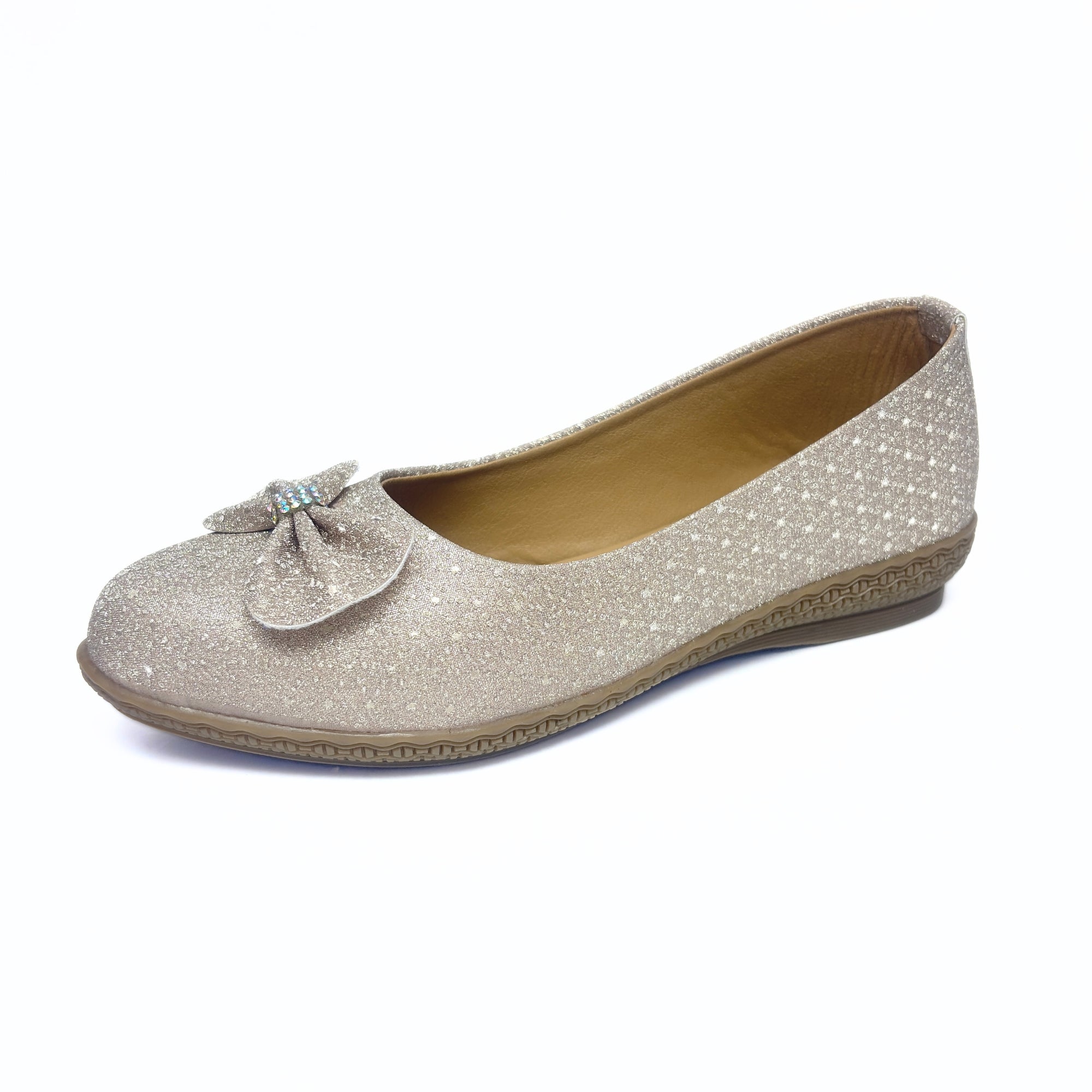 Girls Party Wear Bellies for Kids | Glitter Finish with Bow Detail | Comfortable Flat Sole | Easy Slip-On Fit | Champagne Silver | Size 2 UK