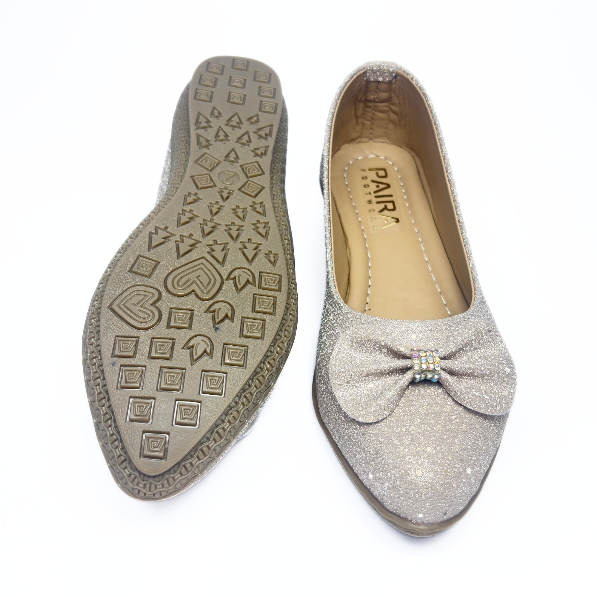 Girls Party Wear Bellies for Kids | Glitter Finish with Bow Detail | Comfortable Flat Sole | Easy Slip-On Fit | Champagne Silver | Size 1 UK