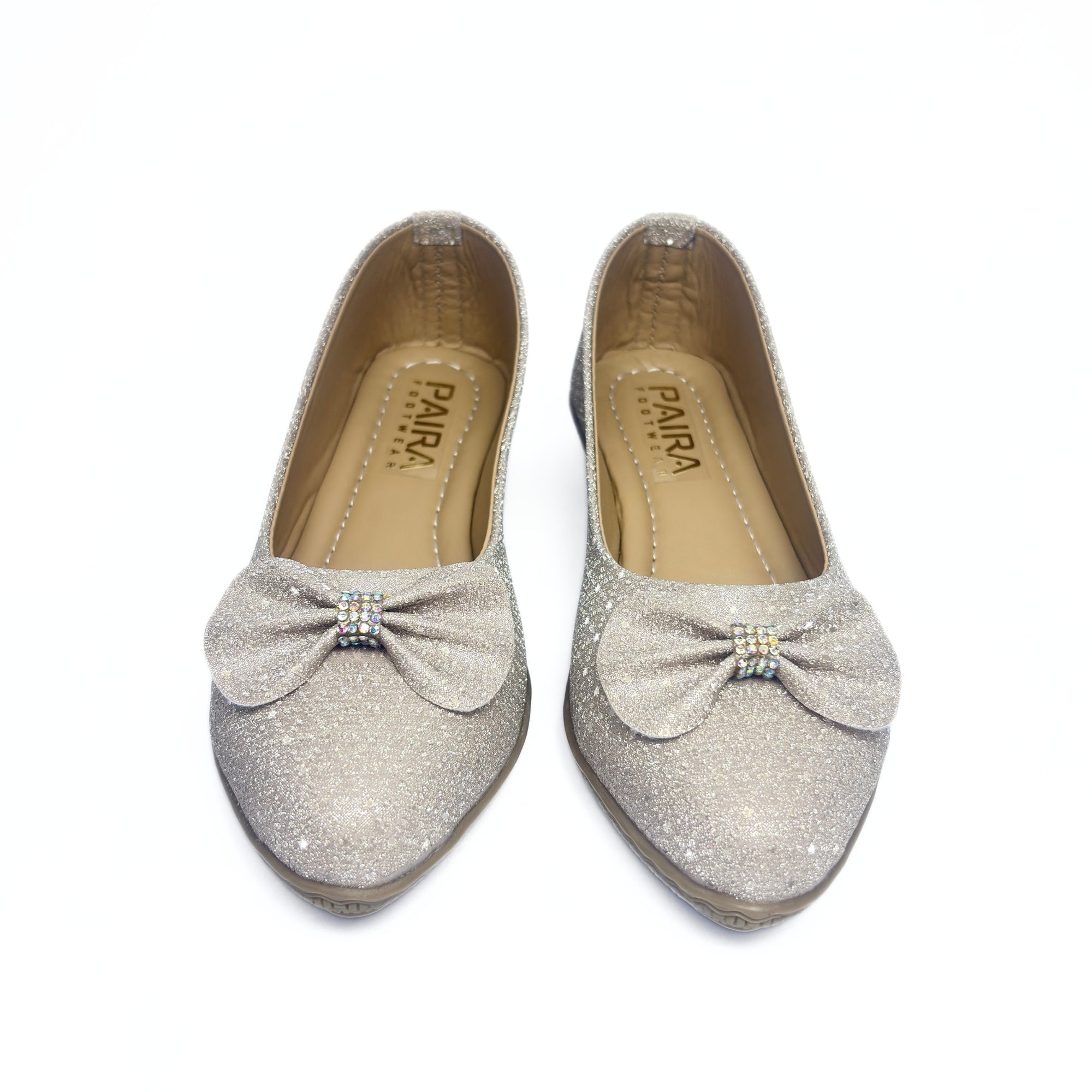 Girls Party Wear Bellies for Kids | Glitter Finish with Bow Detail | Comfortable Flat Sole | Easy Slip-On Fit | Champagne Silver | Size 2 UK