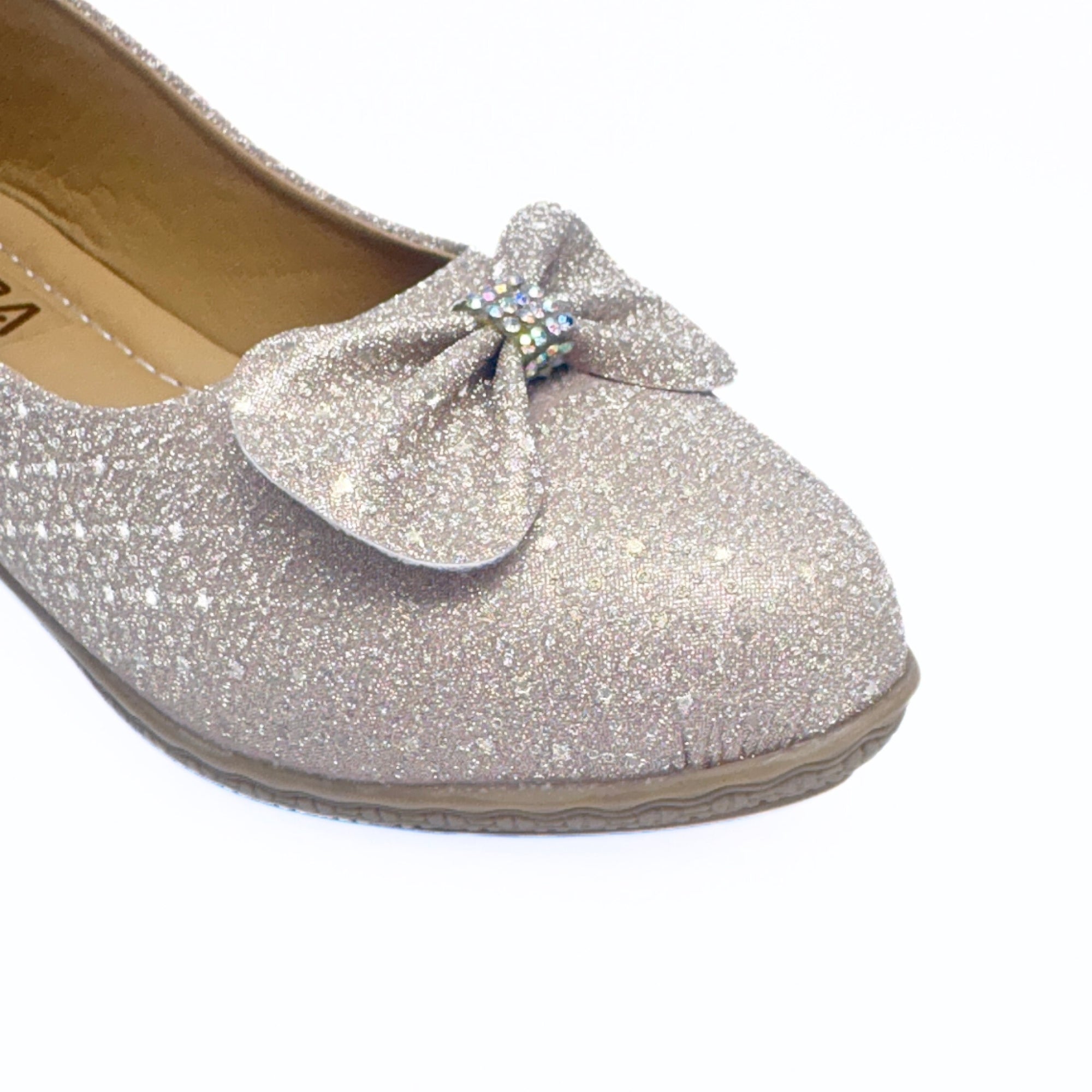 Girls Party Wear Bellies for Kids | Glitter Finish with Bow Detail | Comfortable Flat Sole | Easy Slip-On Fit | Champagne Silver | Size 2 UK
