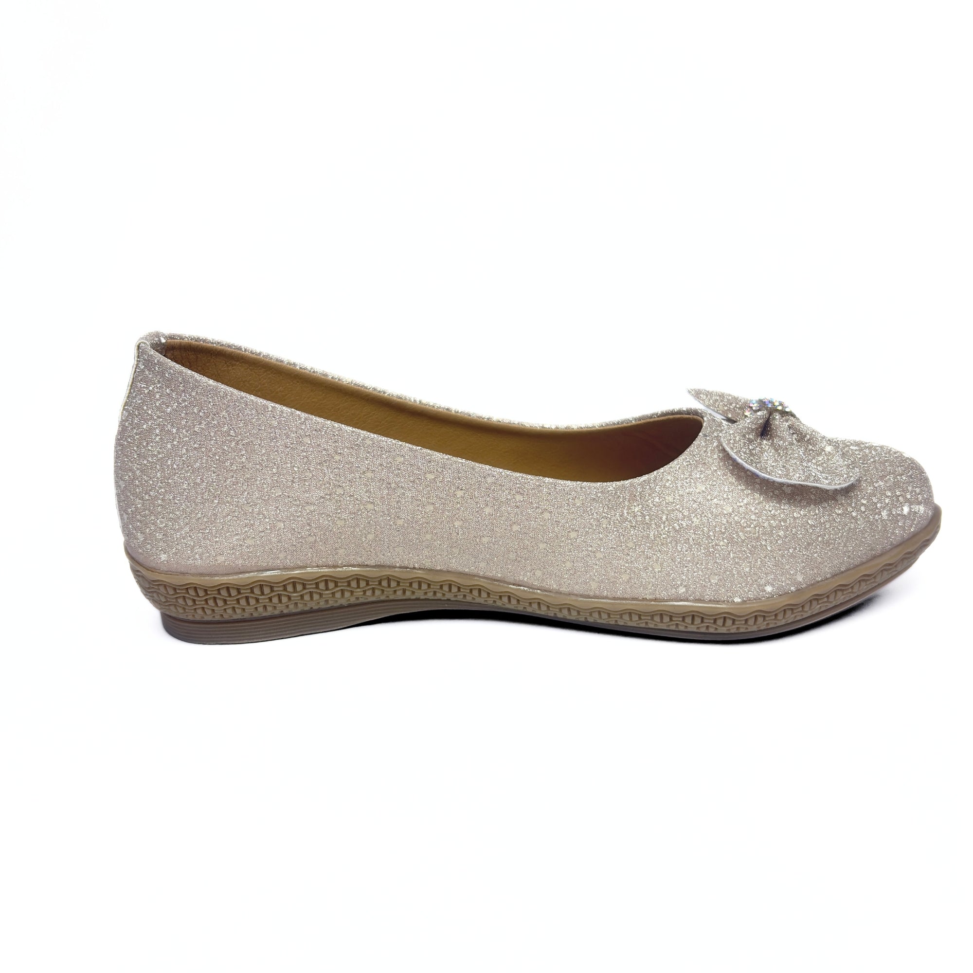 Girls Party Wear Bellies for Kids | Glitter Finish with Bow Detail | Comfortable Flat Sole | Easy Slip-On Fit | Champagne Silver | Size 1 UK