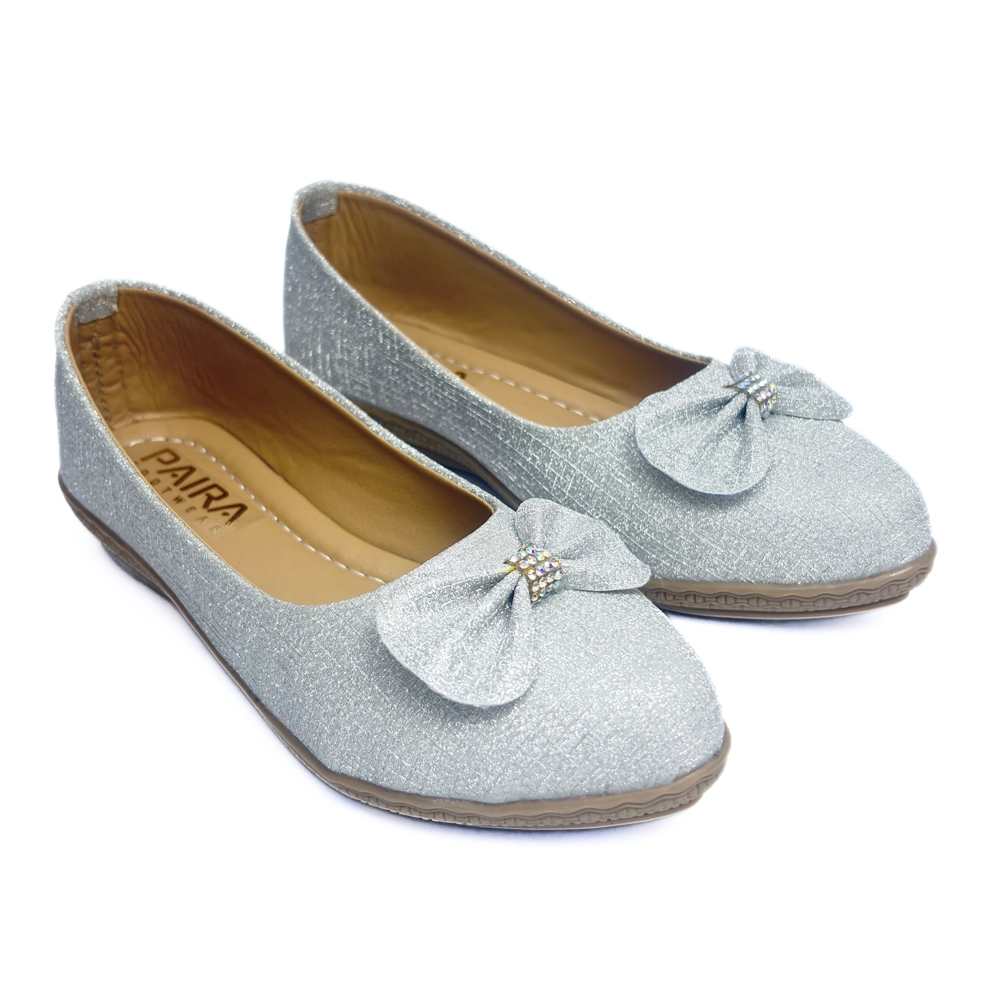 Girls Party Wear Bellies for Kids | Glitter Finish with Bow Detail | Comfortable Flat Sole | Easy Slip-On Fit | Ice Silver | Size 12 UK