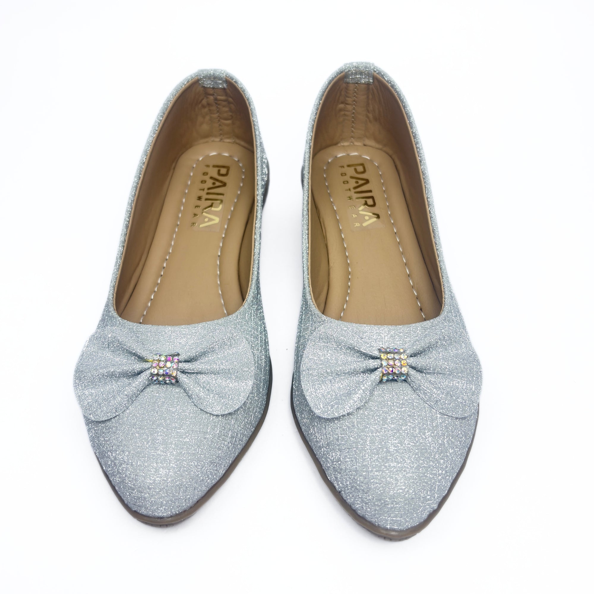 Girls Party Wear Bellies for Kids | Glitter Finish with Bow Detail | Comfortable Flat Sole | Easy Slip-On Fit | Ice Silver | Size 12 UK