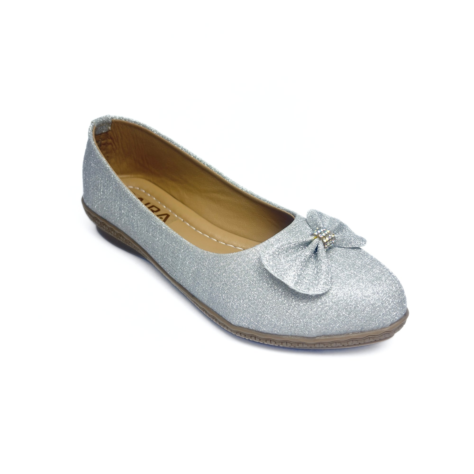 Girls Party Wear Bellies for Kids | Glitter Finish with Bow Detail | Comfortable Flat Sole | Easy Slip-On Fit | Ice Silver | Size 1 UK