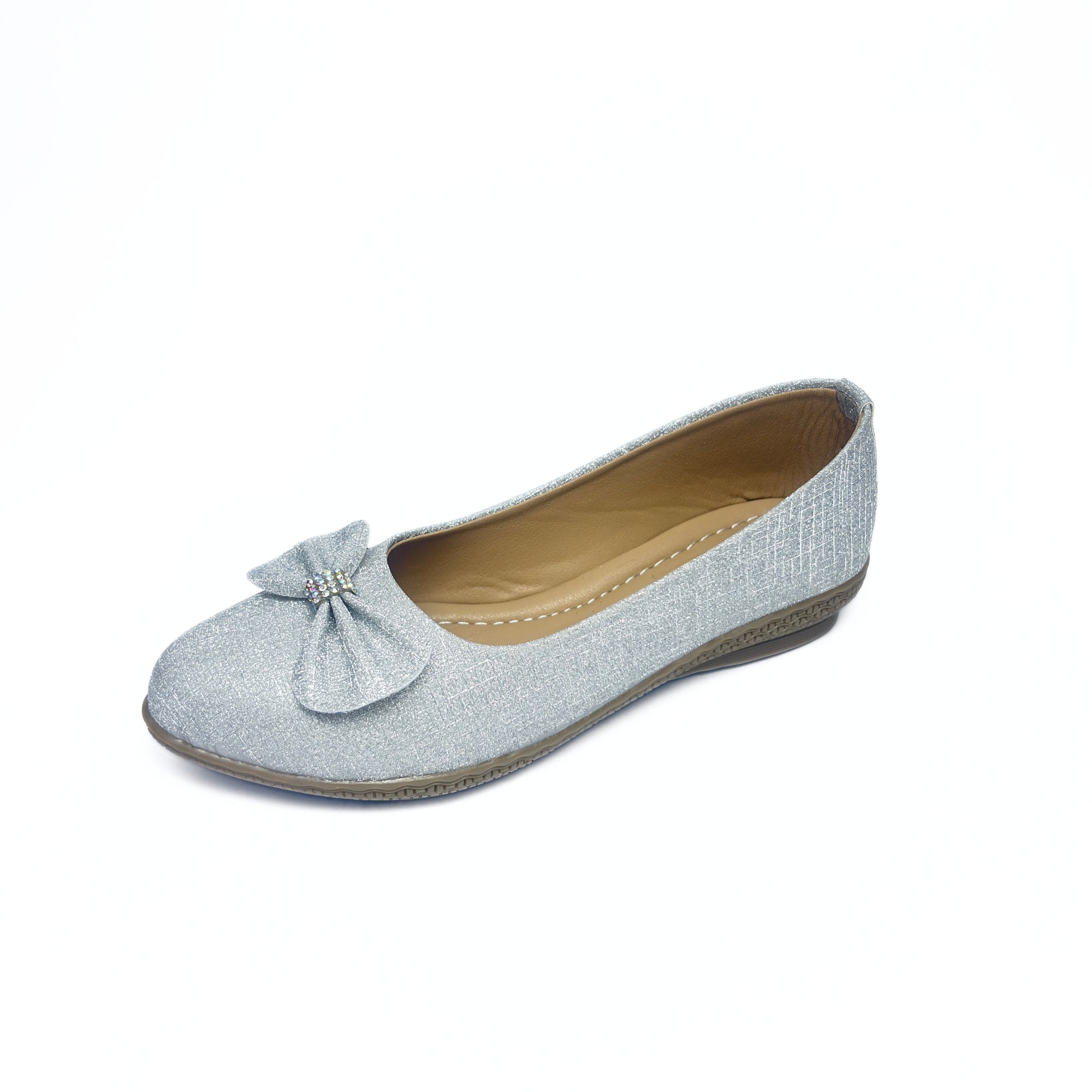 Girls Party Wear Bellies for Kids | Glitter Finish with Bow Detail | Comfortable Flat Sole | Easy Slip-On Fit | Ice Silver | Size 12 UK