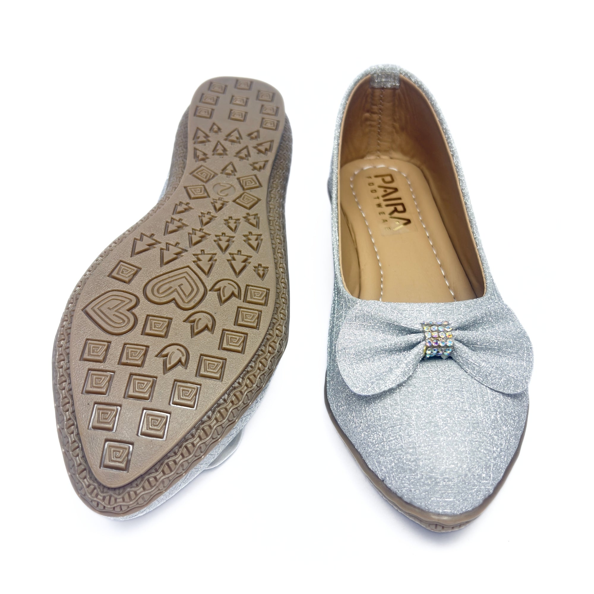Girls Party Wear Bellies for Kids | Glitter Finish with Bow Detail | Comfortable Flat Sole | Easy Slip-On Fit | Ice Silver | Size 1 UK