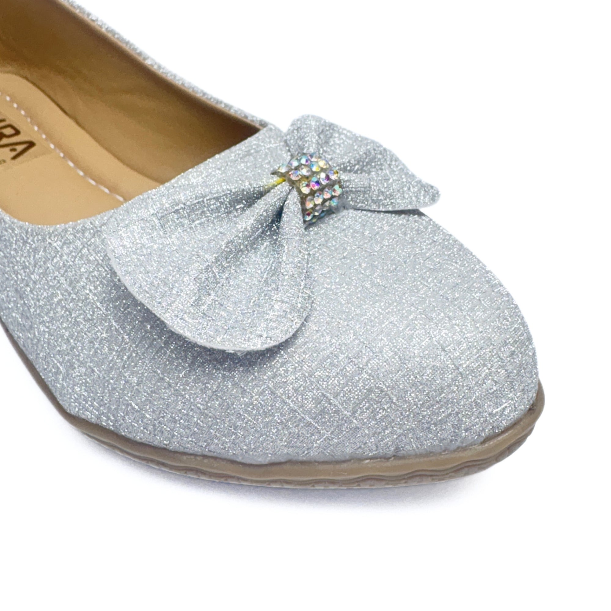 Girls Party Wear Bellies for Kids | Glitter Finish with Bow Detail | Comfortable Flat Sole | Easy Slip-On Fit | Ice Silver | Size 12 UK