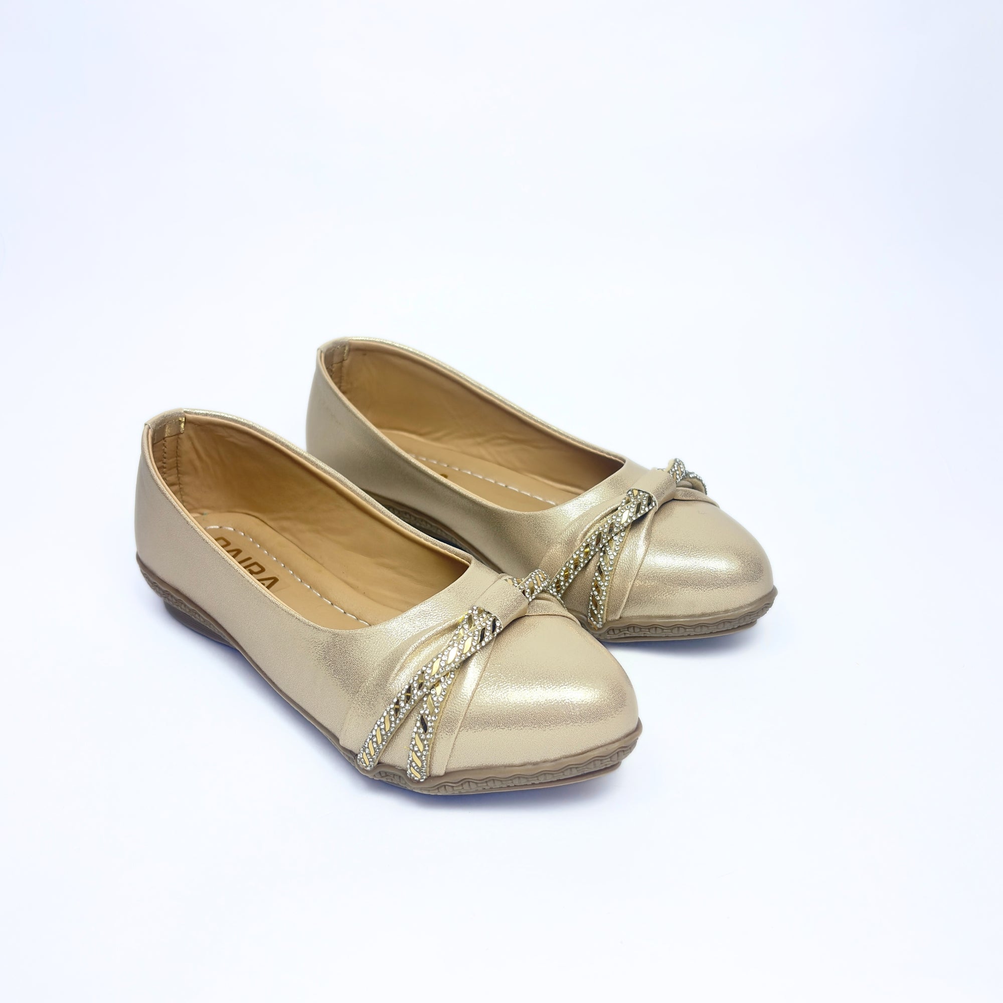 Girls Party Wear Bellies for Kids | Metallic Finish with Embellished Bow Detail | Comfortable Flat Sole | Easy Slip-On Fit | Champagne Gold | Size 2 UK