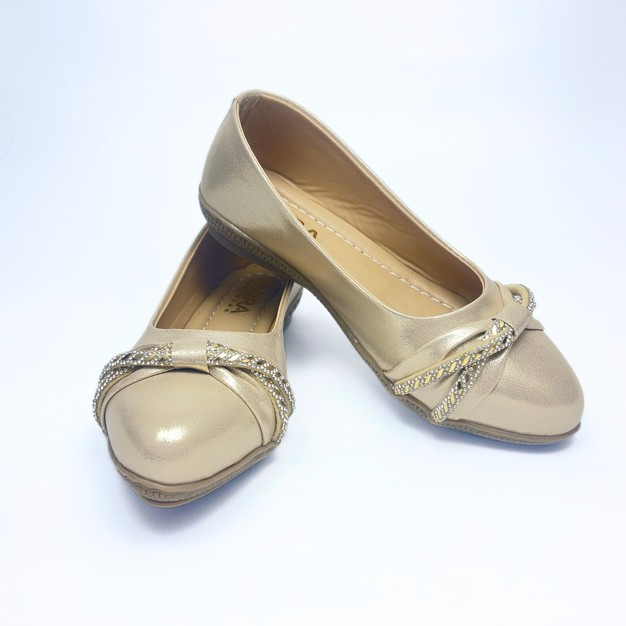 Girls Party Wear Bellies for Kids | Metallic Finish with Embellished Bow Detail | Comfortable Flat Sole | Easy Slip-On Fit | Champagne Gold | Size 5 UK