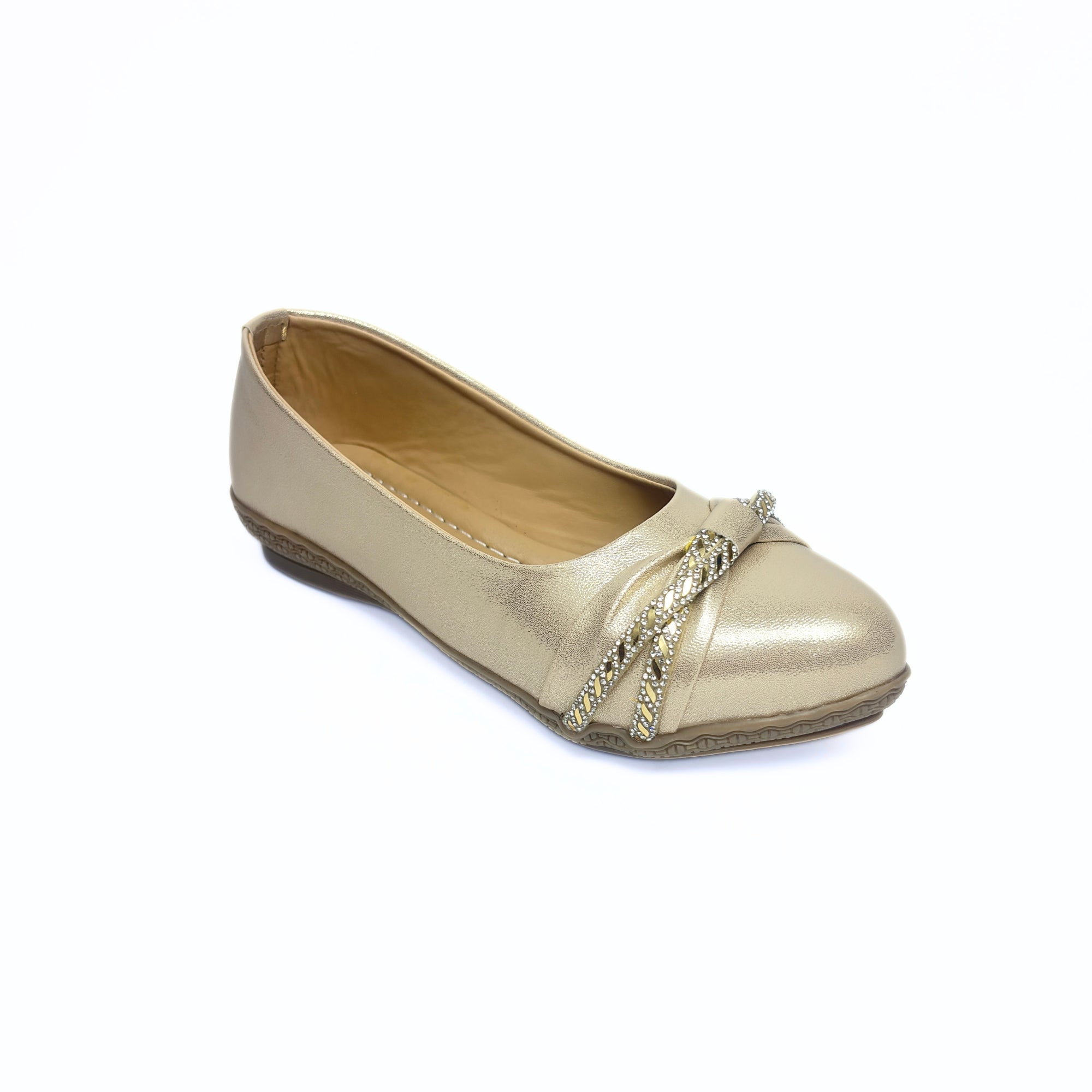 Girls Party Wear Bellies for Kids | Metallic Finish with Embellished Bow Detail | Comfortable Flat Sole | Easy Slip-On Fit | Champagne Gold | Size 5 UK