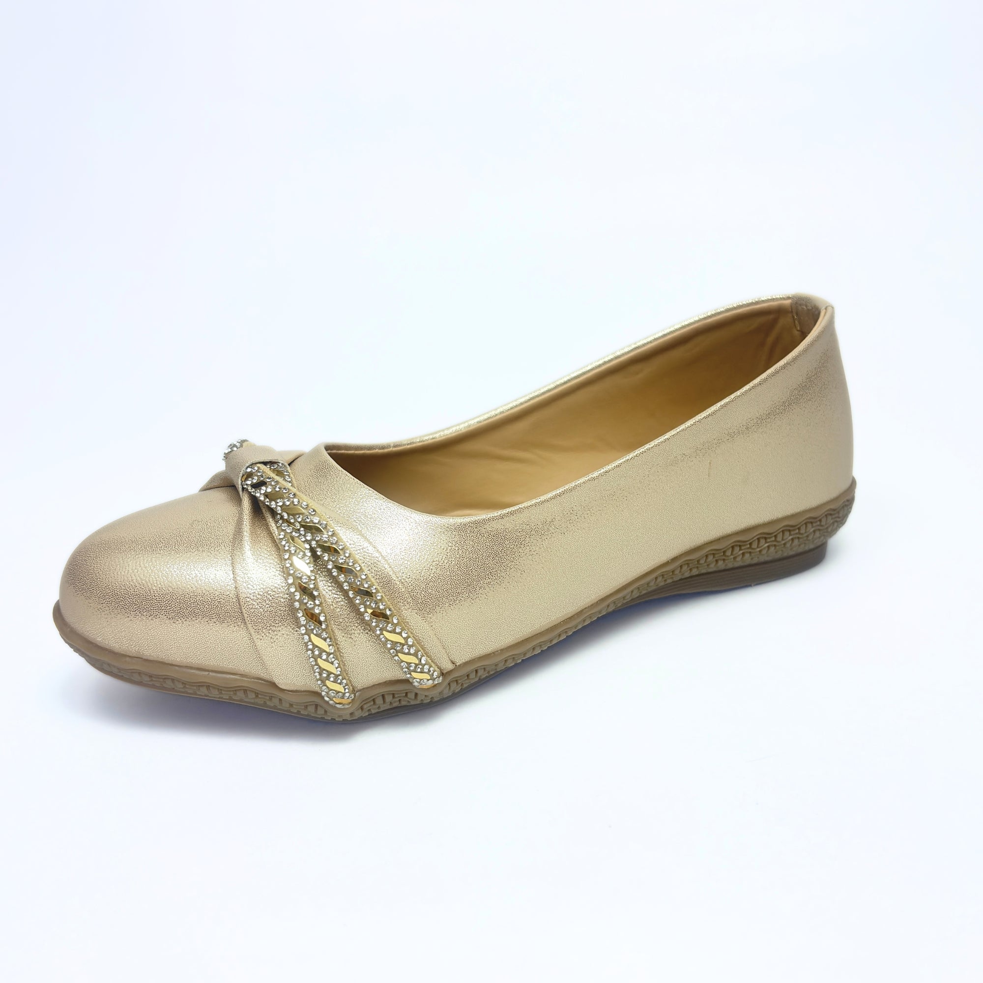 Girls Party Wear Bellies for Kids | Metallic Finish with Embellished Bow Detail | Comfortable Flat Sole | Easy Slip-On Fit | Champagne Gold | Size 5 UK