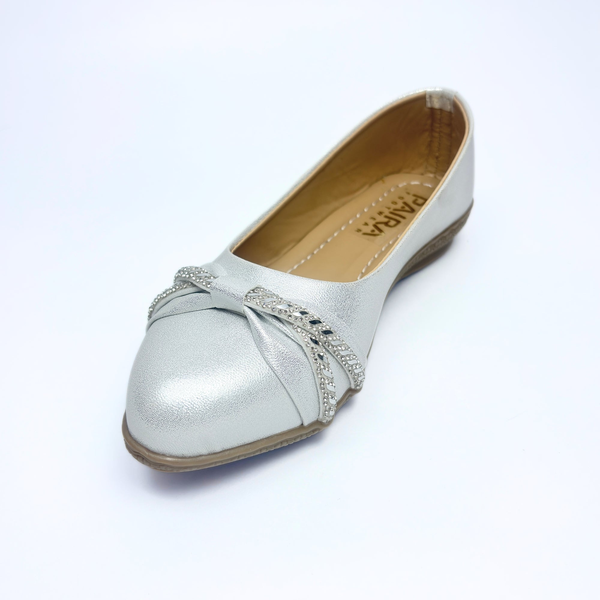 Girls Party Wear Bellies for Kids | Pearl Silver Metallic Finish with Rhinestone Knot Detail | Soft Inner Lining | Comfortable Flat Sole | Easy Slip-On | Size 3 UK
