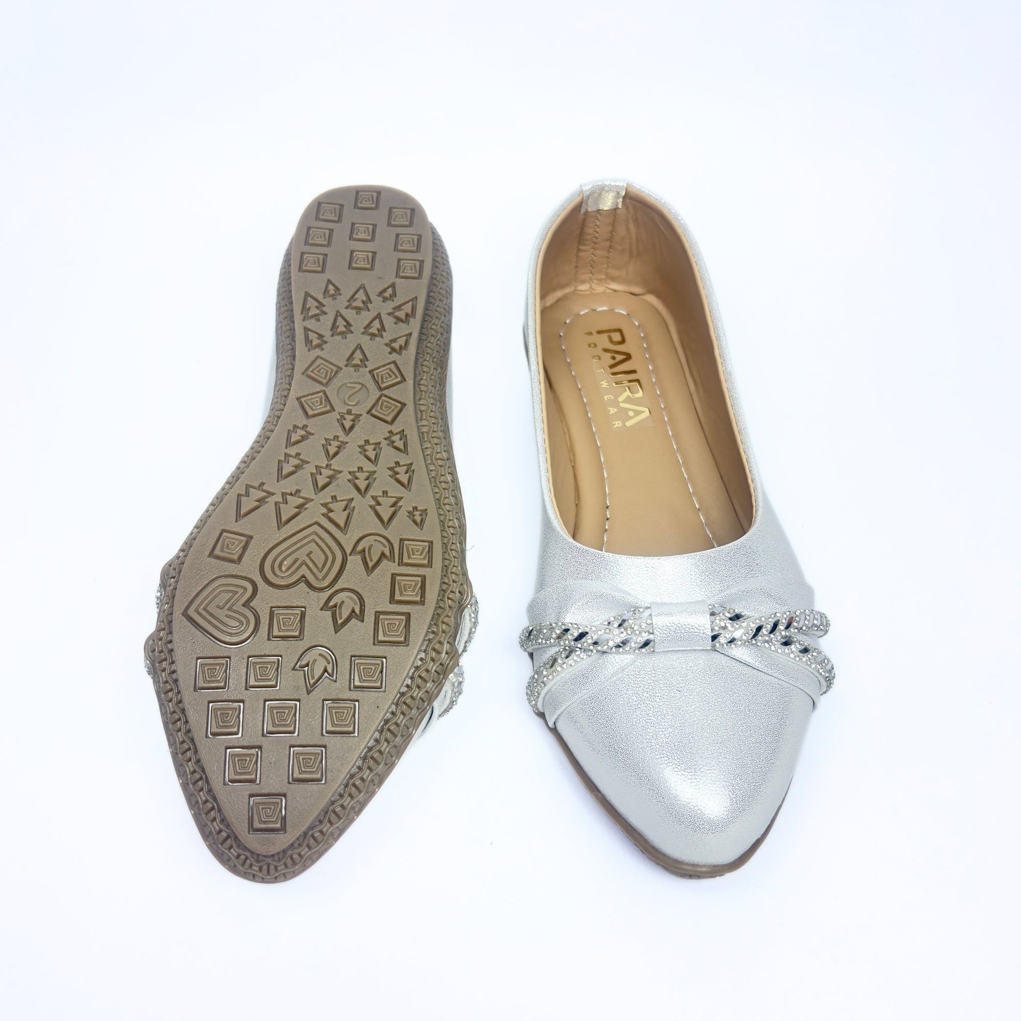 Girls Party Wear Bellies for Kids | Pearl Silver Metallic Finish with Rhinestone Knot Detail | Soft Inner Lining | Comfortable Flat Sole | Easy Slip-On | Size 3 UK