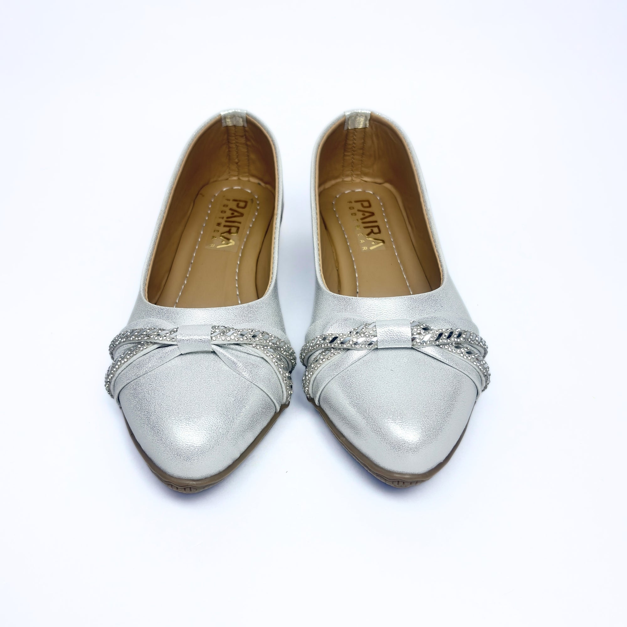 Girls Party Wear Bellies for Kids | Pearl Silver Metallic Finish with Rhinestone Knot Detail | Soft Inner Lining | Comfortable Flat Sole | Easy Slip-On | Size 1 UK