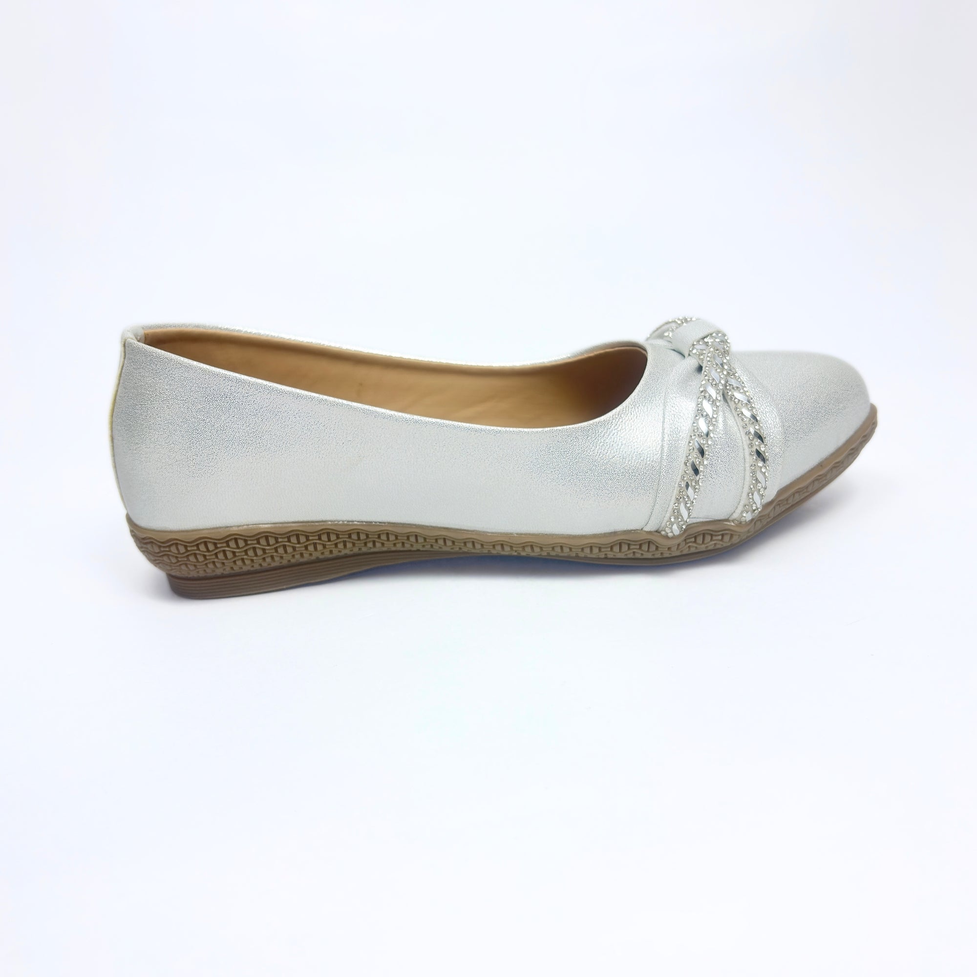 Girls Party Wear Bellies for Kids | Pearl Silver Metallic Finish with Rhinestone Knot Detail | Soft Inner Lining | Comfortable Flat Sole | Easy Slip-On | Size 1 UK