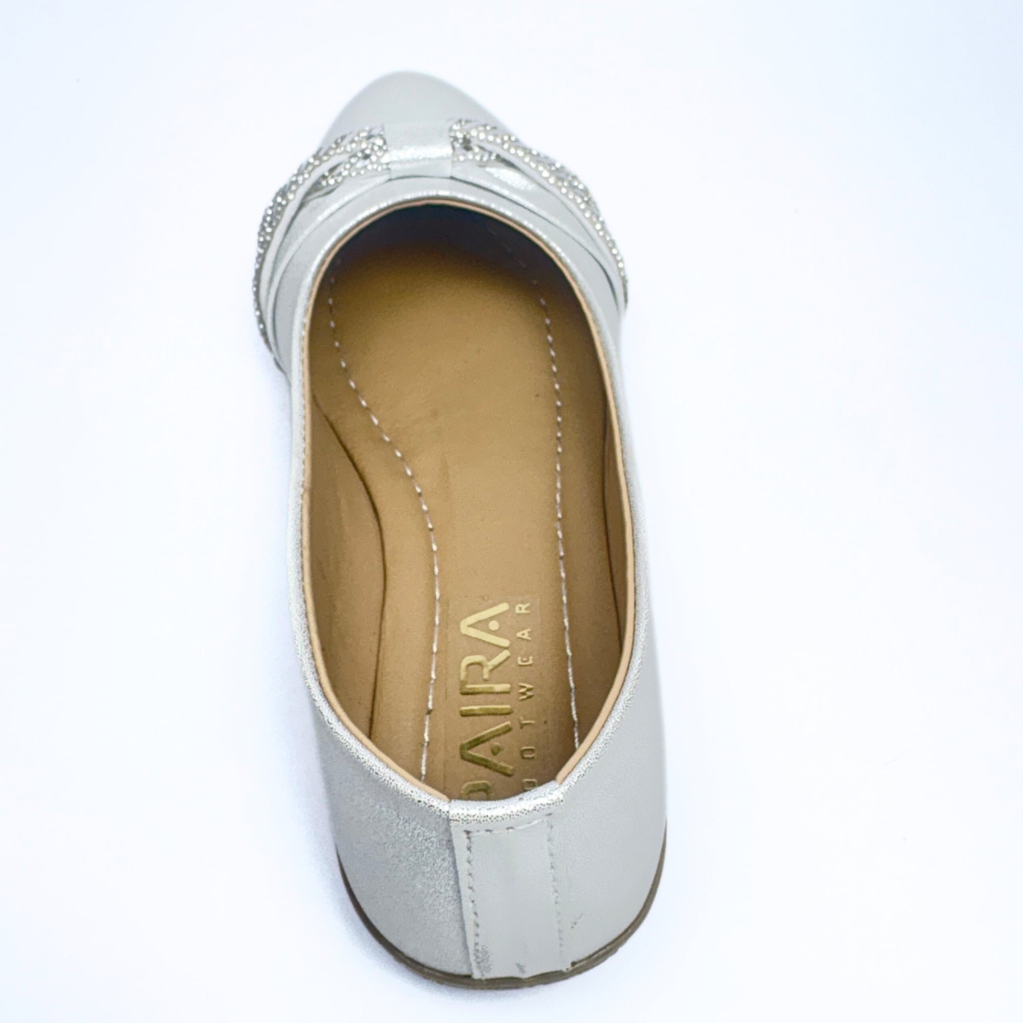 Girls Party Wear Bellies for Kids | Pearl Silver Metallic Finish with Rhinestone Knot Detail | Soft Inner Lining | Comfortable Flat Sole | Easy Slip-On | Size 3 UK