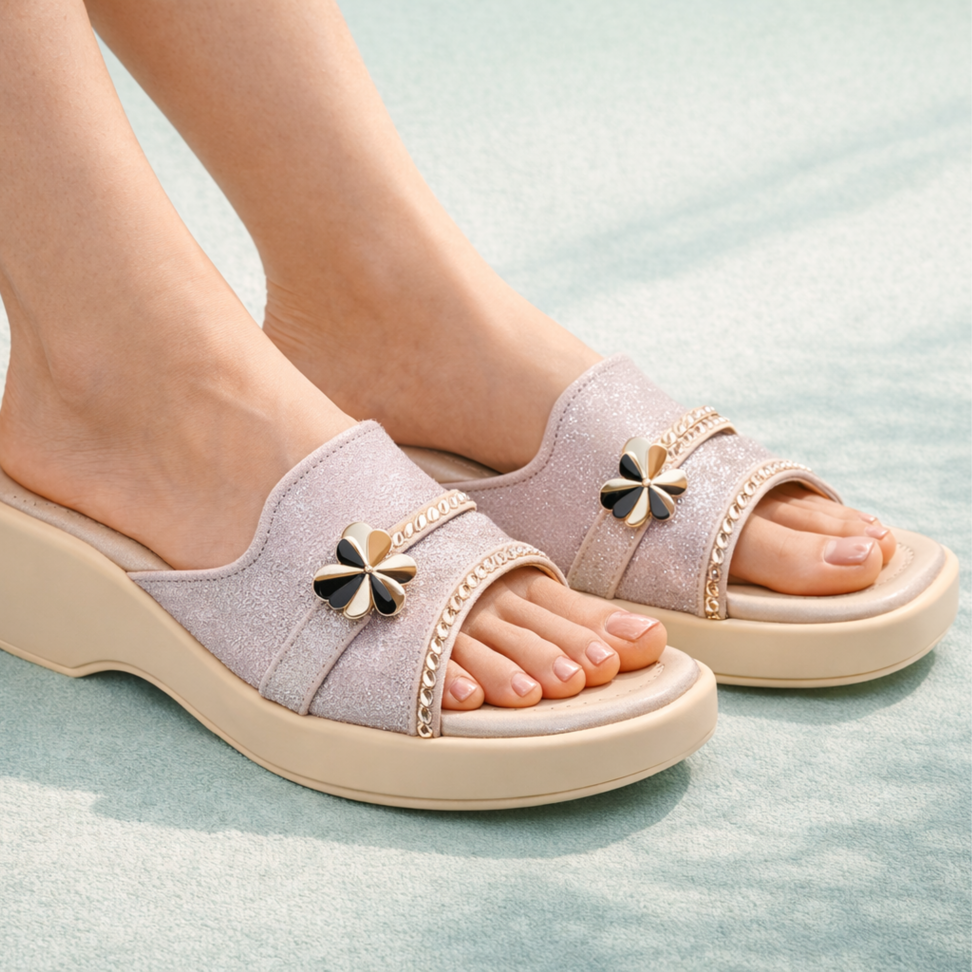 Girls Party Wear Sandals for Kids | Glitter Wedge Heel Slippers with Flower Design | Comfortable & Lightweight | Shimmer Silver | Size 4 UK